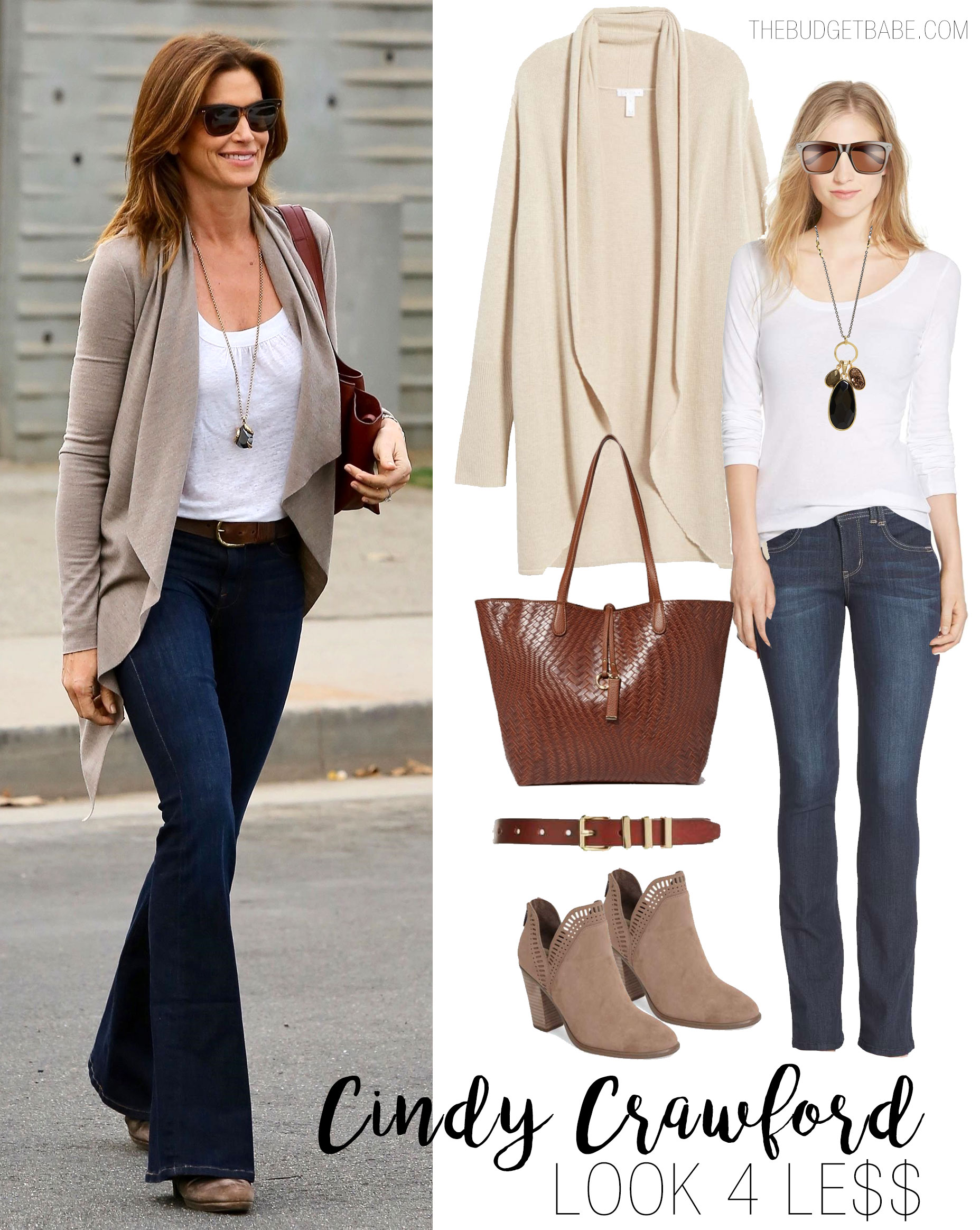 Cindy Crawford looks stylish in a beige cardigan and flare leg jeans while running errands in Santa Monica.