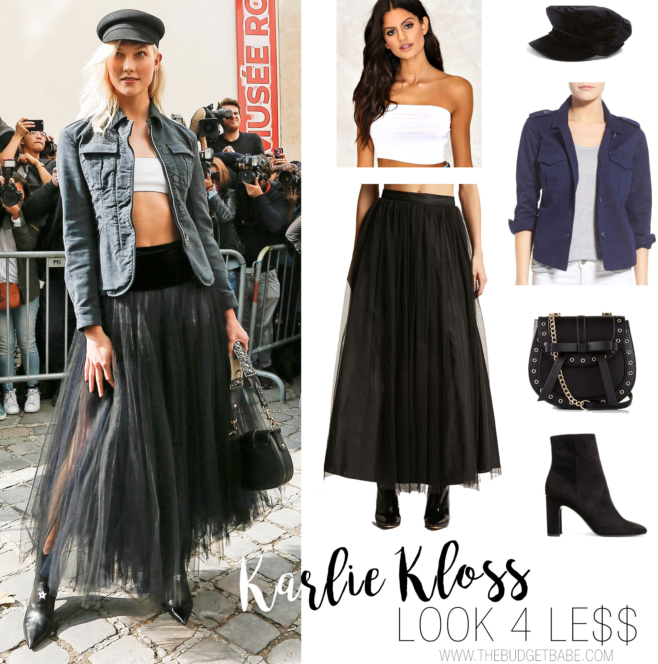 Karlie Kloss arrives at the Dior Paris fashion week show in a tulle skirt and zipper jacket.