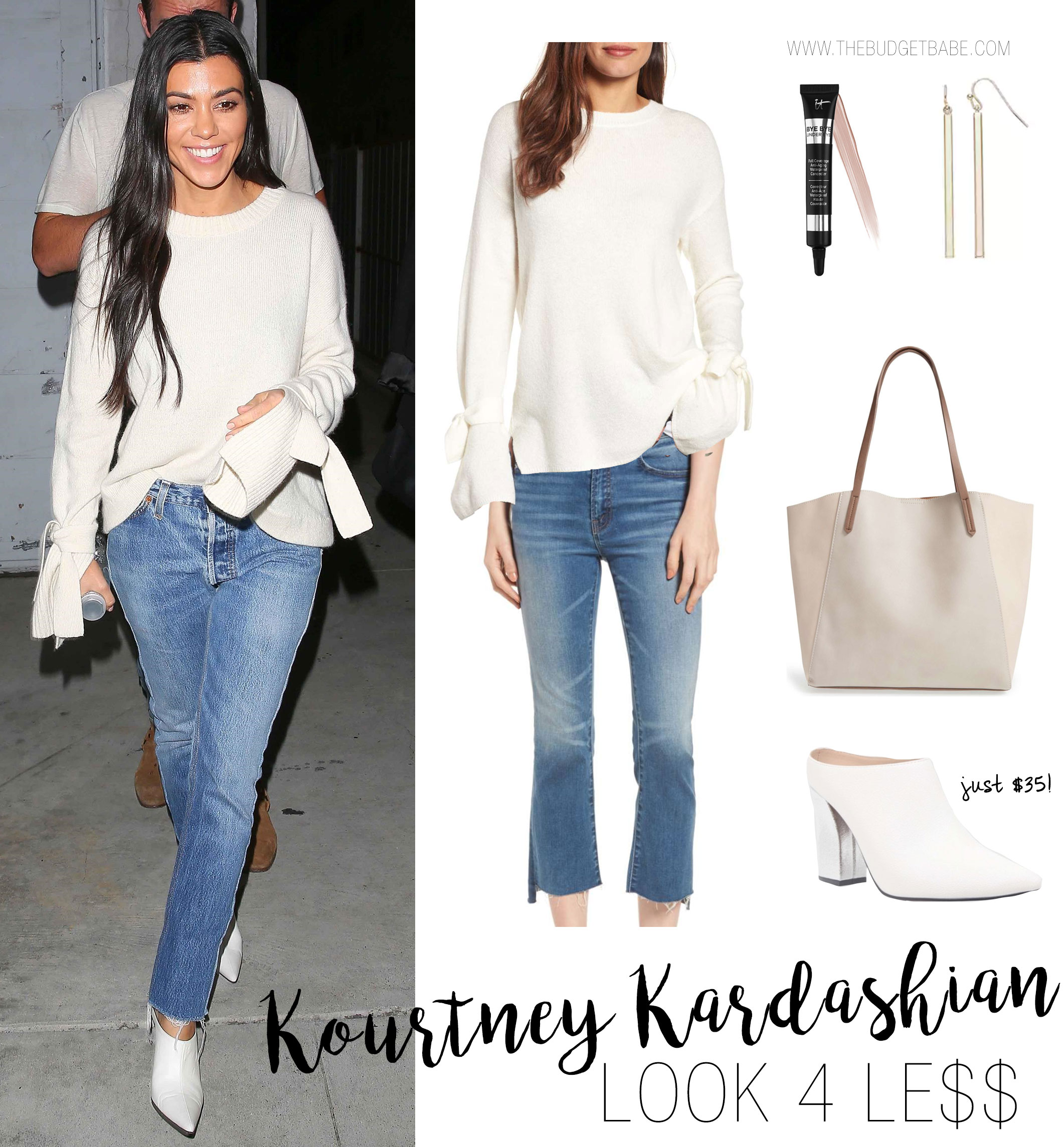 Kourtney Kardashian wears a cream bell sleeve sweater with crop step hem jeans and white mules.