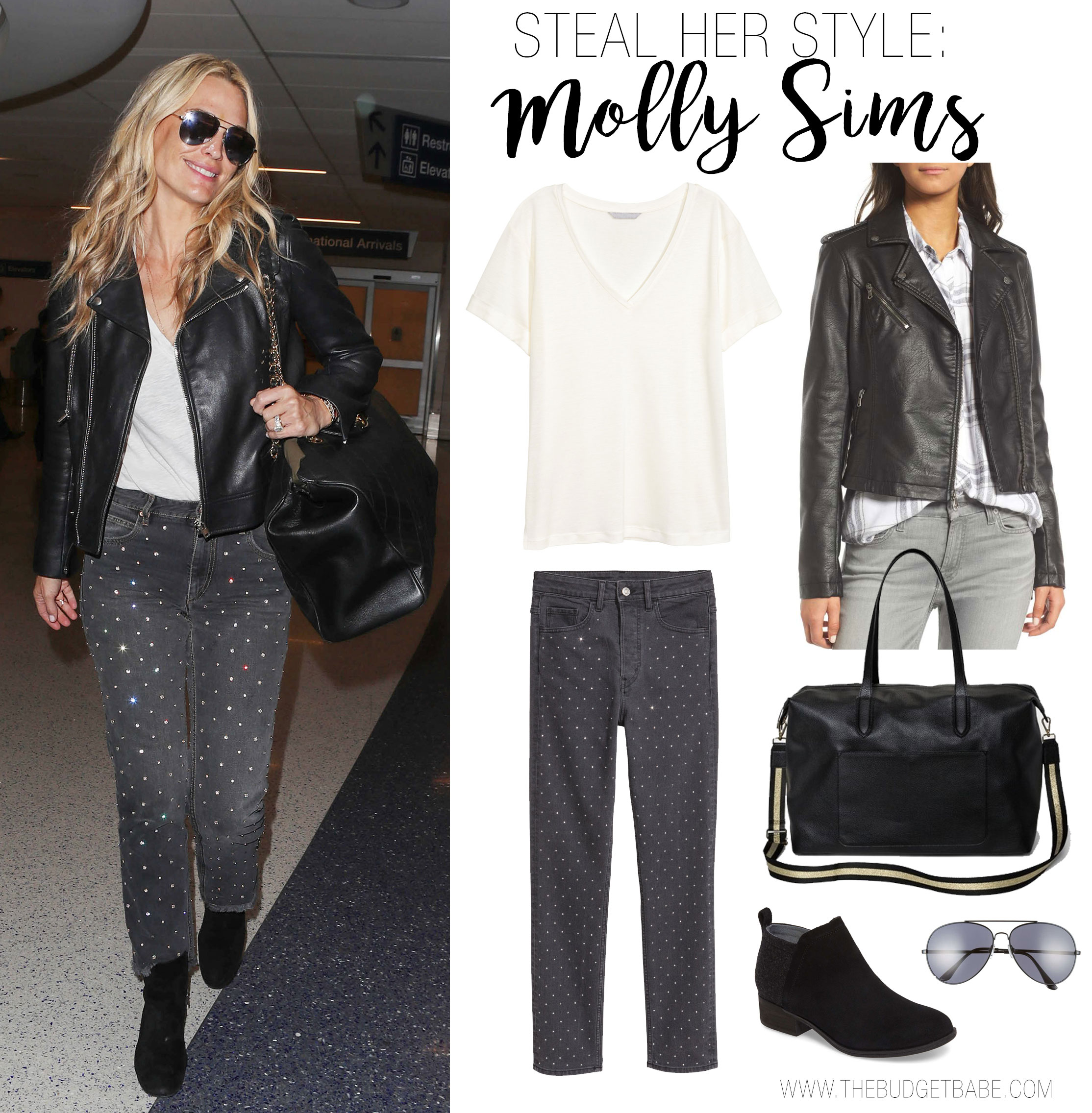 Molly Sims wears Isabel Marant Swaravski crystal embellished jeans.