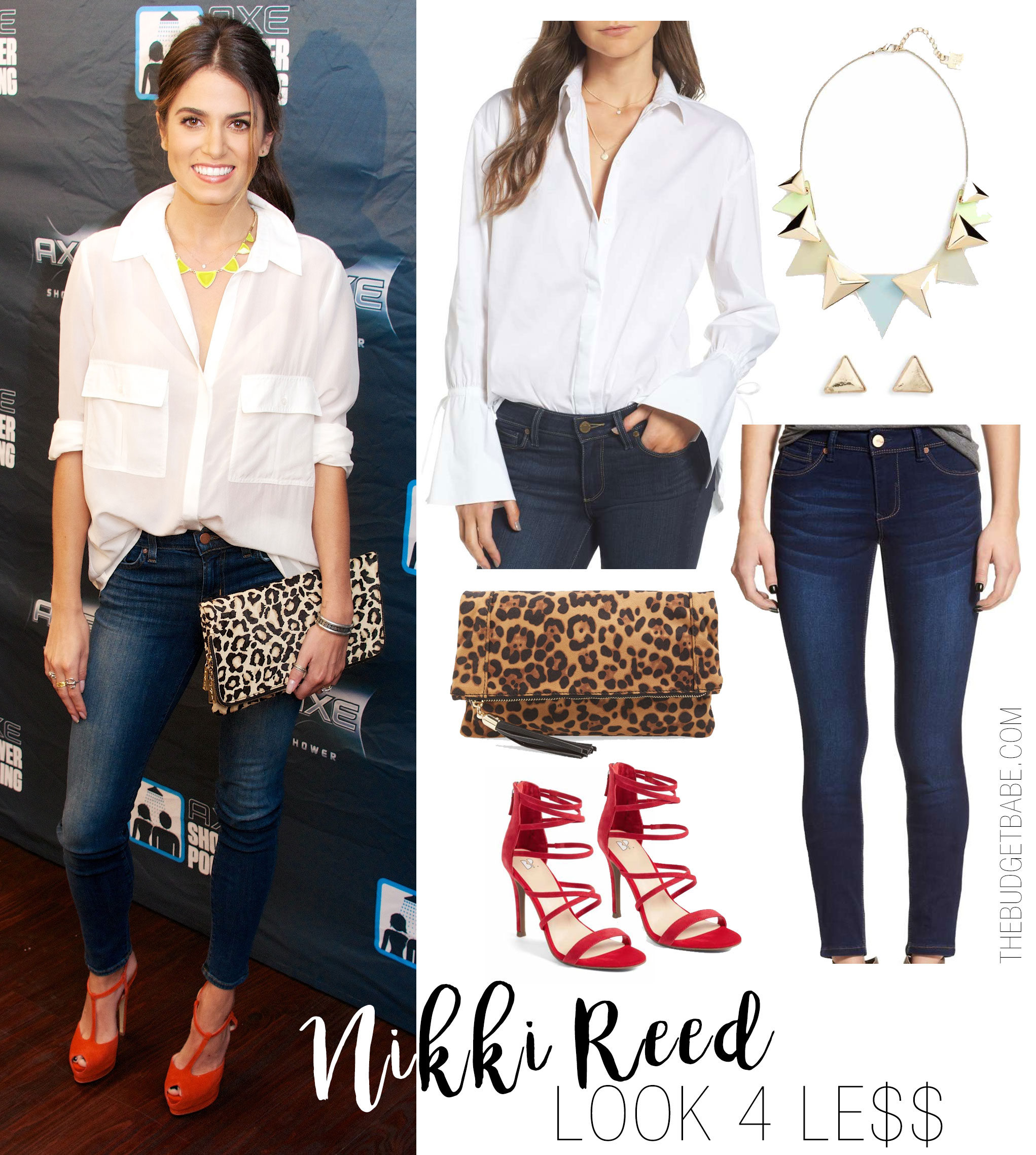 Nikki Reed celebrity look for less featuring white shirt, skinny jeans, leopard clutch, red heels