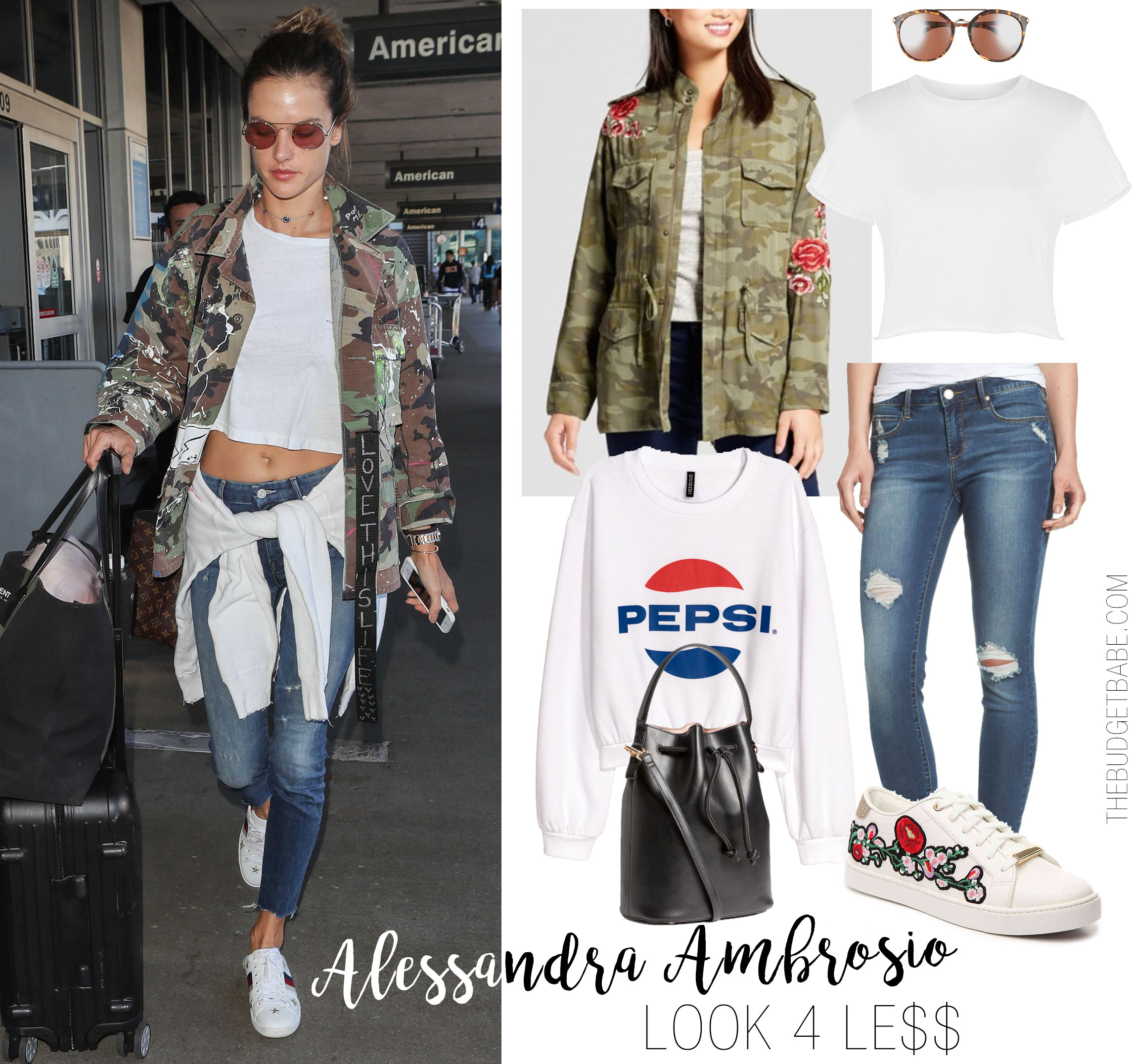 Alessandra Ambrosio wears a camo shirt with white crop top, distressed Mother jeans and Gucci backless Ace sneakers while traveling through LAX.