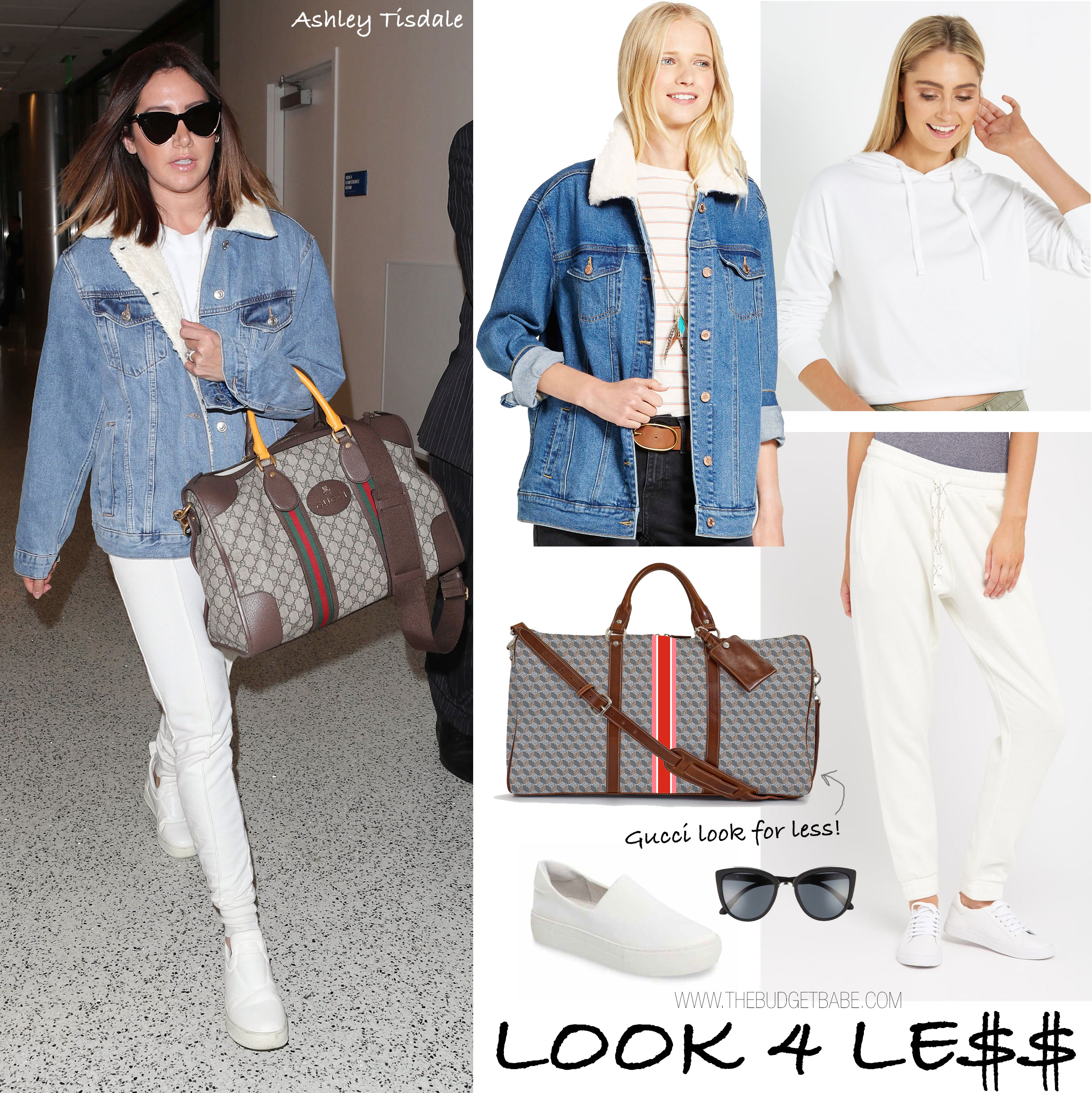 Ashley Tisdale wears a denim jacket with sherpa lining, white tracksuit and Gucci weekender bag