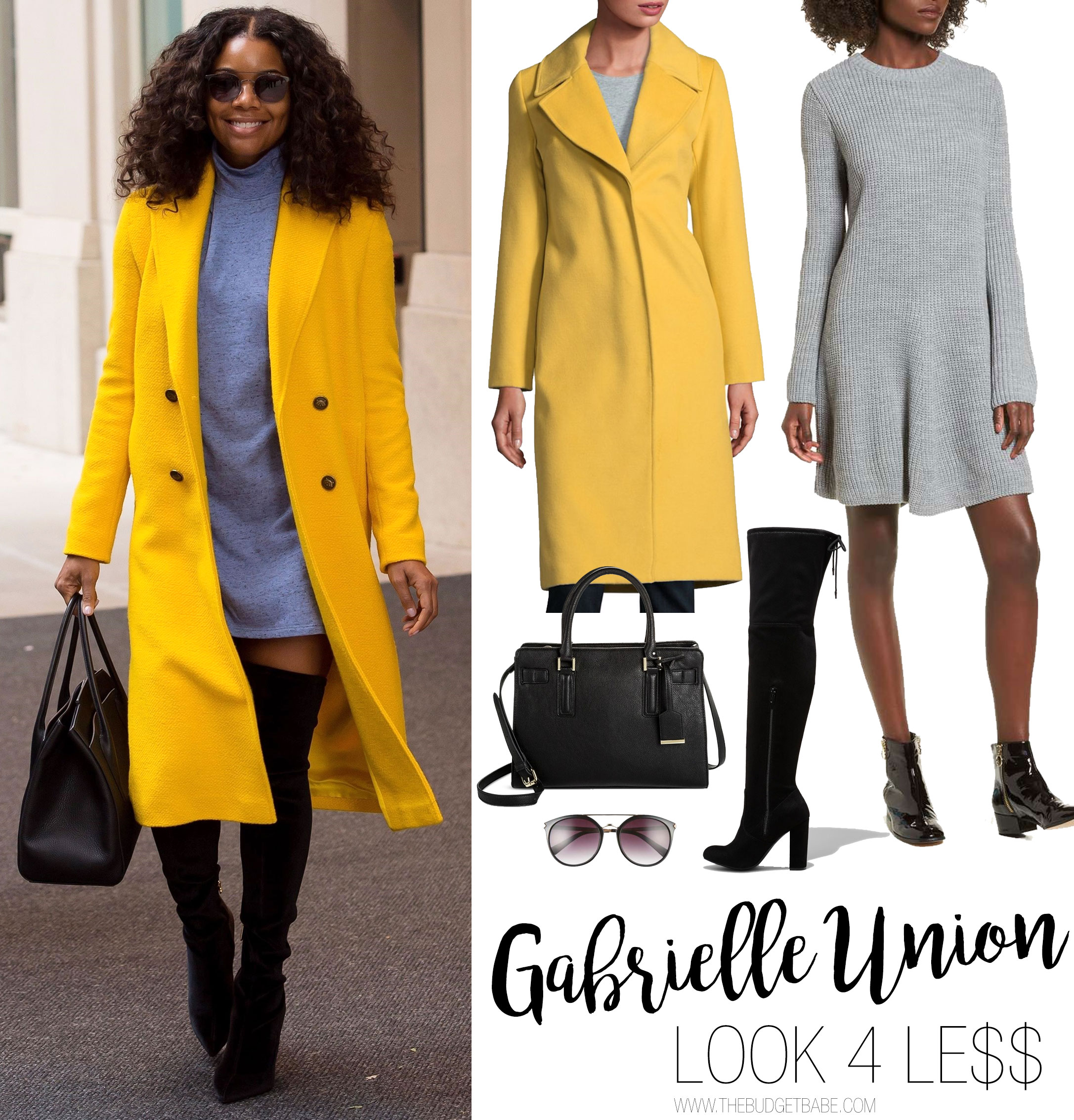 Gabrielle Union wears a bright yellow wool coat with a gray sweatedress and black over-the-knee boots.