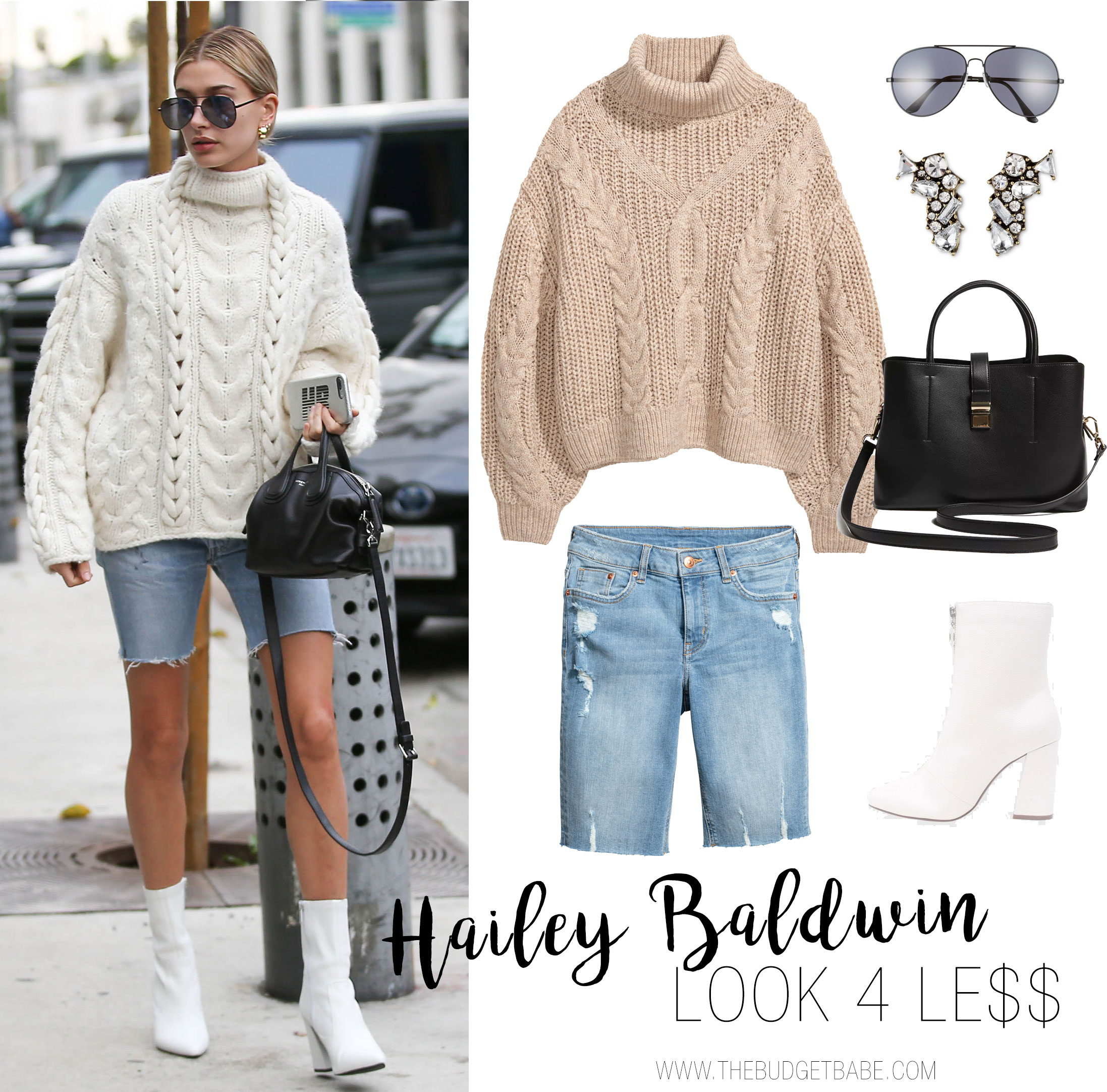 Hailey Baldwin's oversized Iro sweater, denim shorts and white ankle booties celebrity look for less