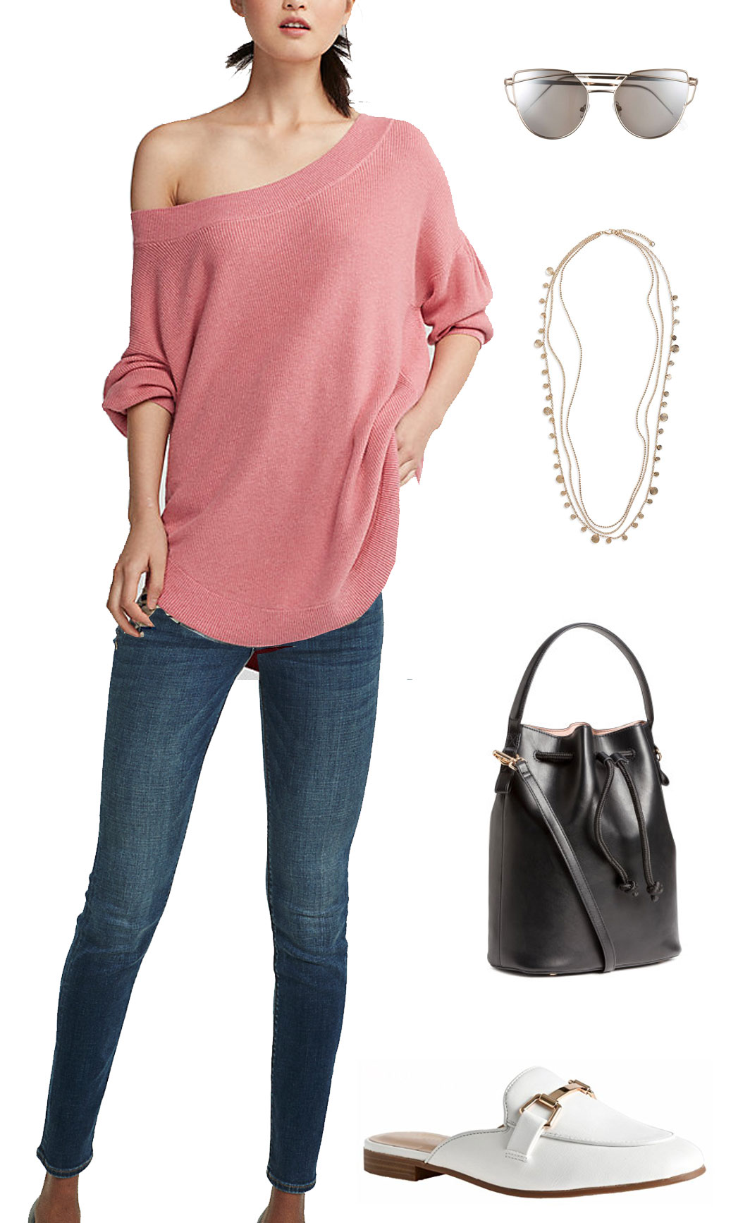 Alessandra Ambrosio wears a coral dolman sweater with skinny jeans and white mules.