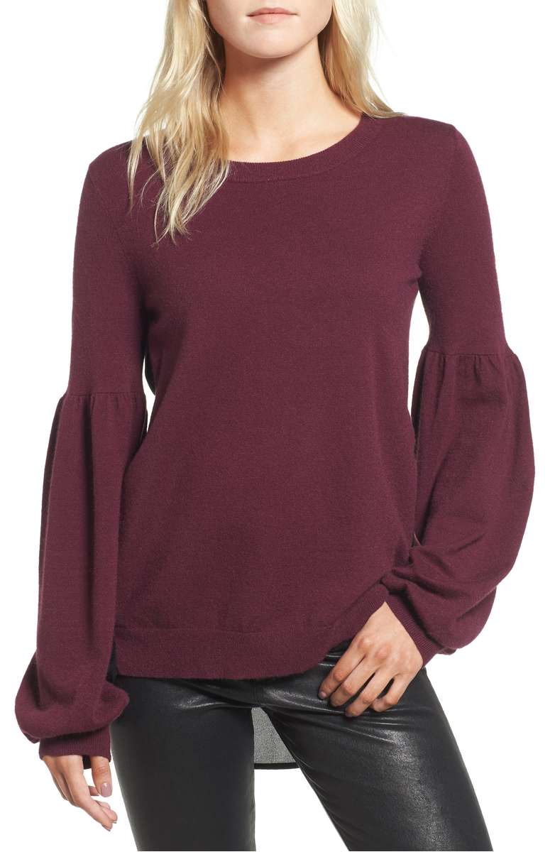 Bloused sleeve sweater with woven back