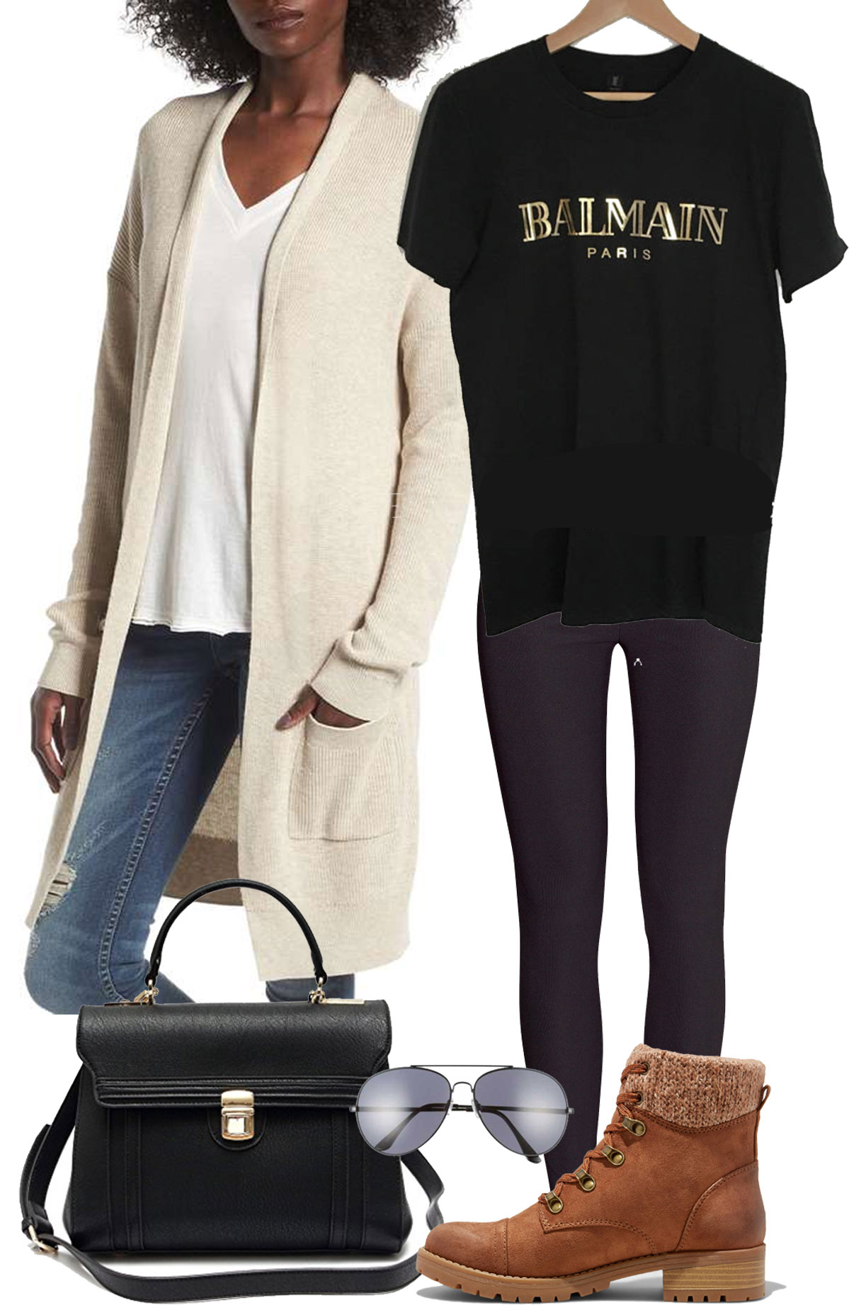 Dorothy Wang wears a gold foil Balmain tee with leggings, hiking boots and a beige cardigan.