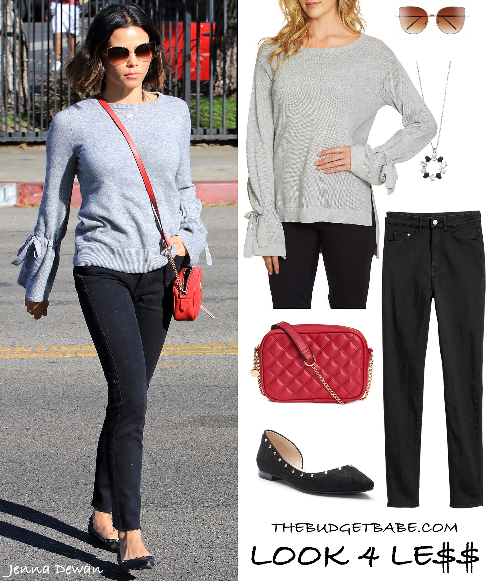 Jenna Dewan's tie-sleeve sweater, black pants and red bag look for less