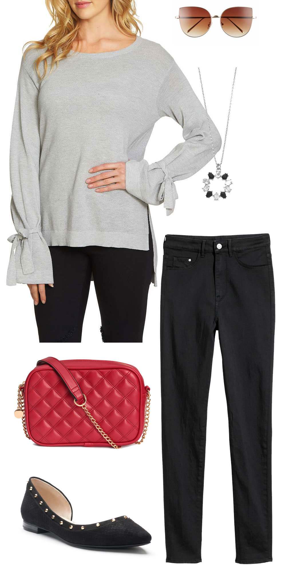 Jenna Dewan's tie-sleeve sweater, black pants and red bag look for less