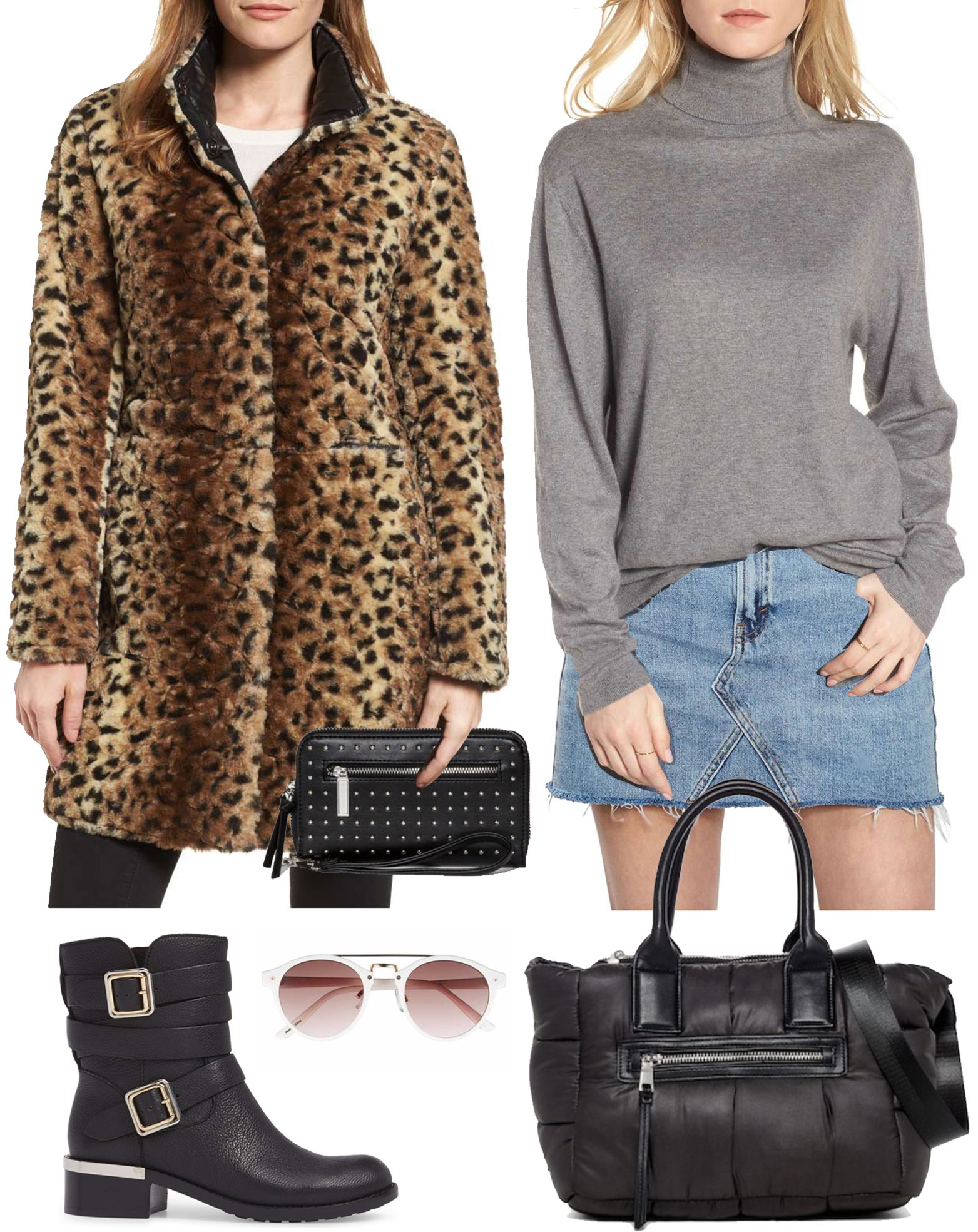 Gwen Stefani wears a leopard Vince Camuto coat with moto boots and a Chanel bag.