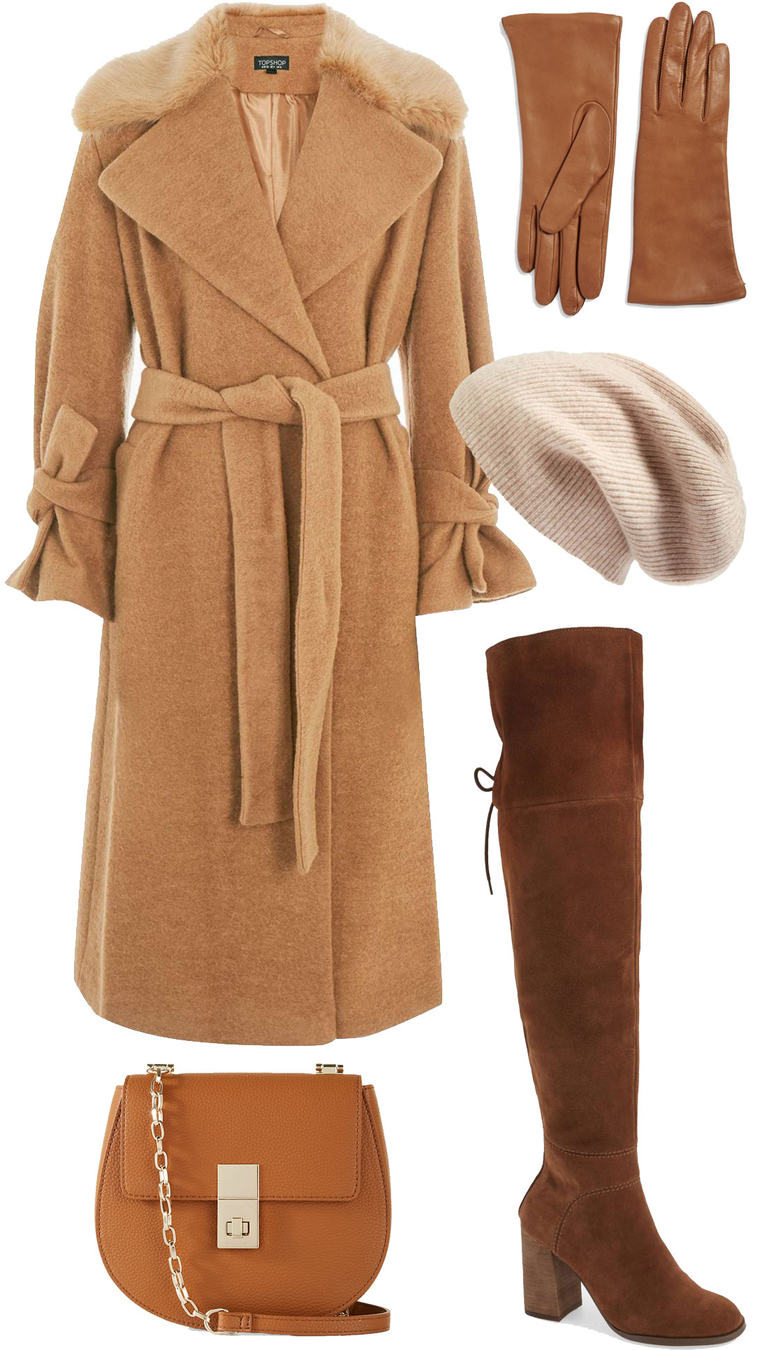 Meghan Markle wears a camel wrap coat by Sentaler with Stuart Weitzman boots and Chloe bag. Get the look for less!