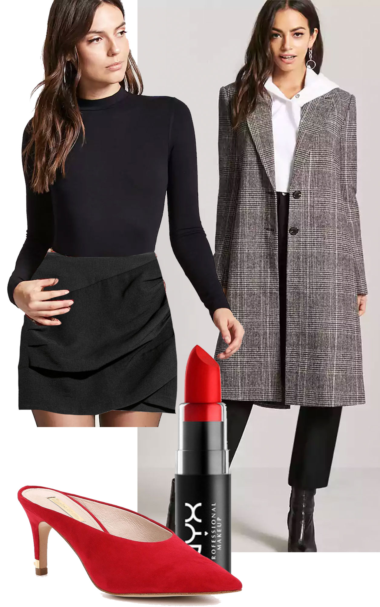 Selena Gomez wears a plaid coat, black mock neck top, black skirt and red mules.