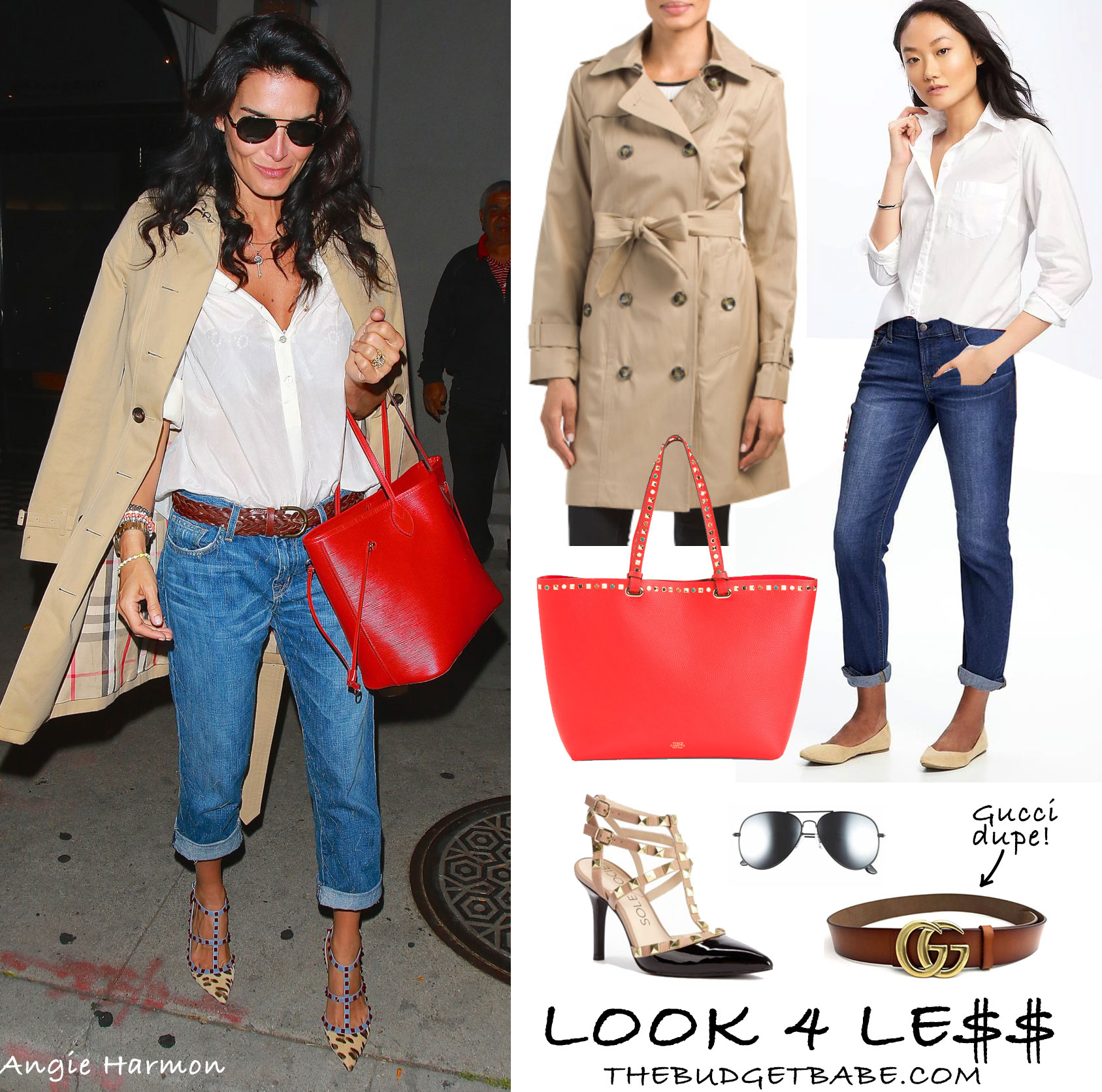 Actress Angie Harmon looks chic and sophisticated in a Burberry trench, white shirt, cuffed jeans and Rockstud heels.