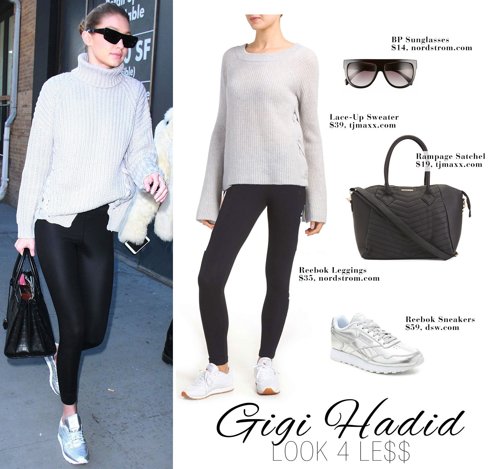 Gigi Hadid's turtleneck lace up sweater, Reebok leggings, silver sneakers and Saint Laurent bag look for less
