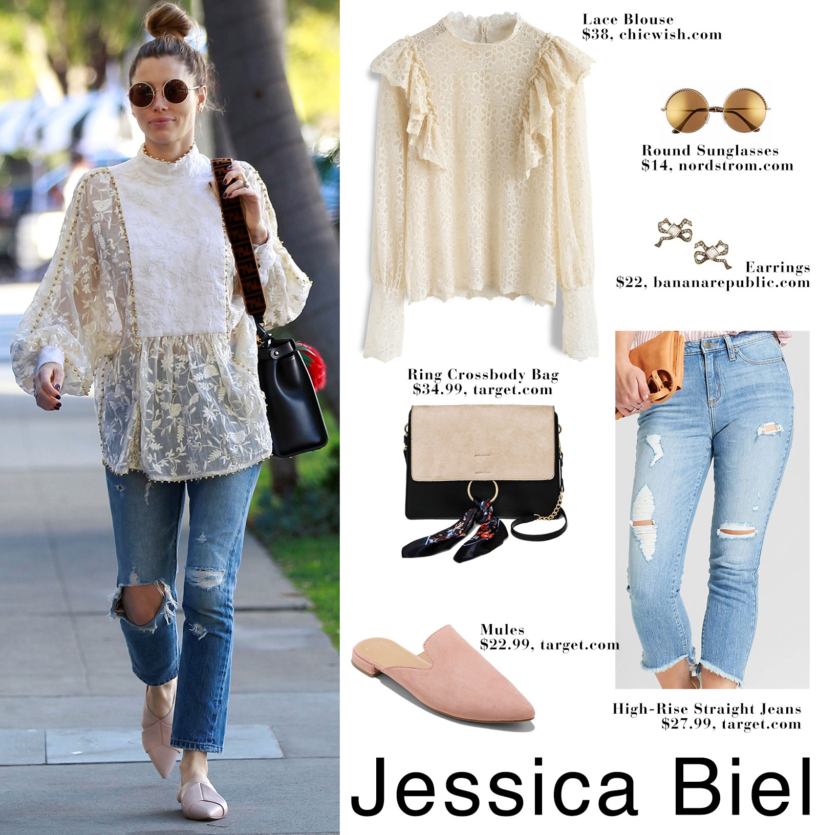 Jessica Biel's lace blouse and pointy mules look for less