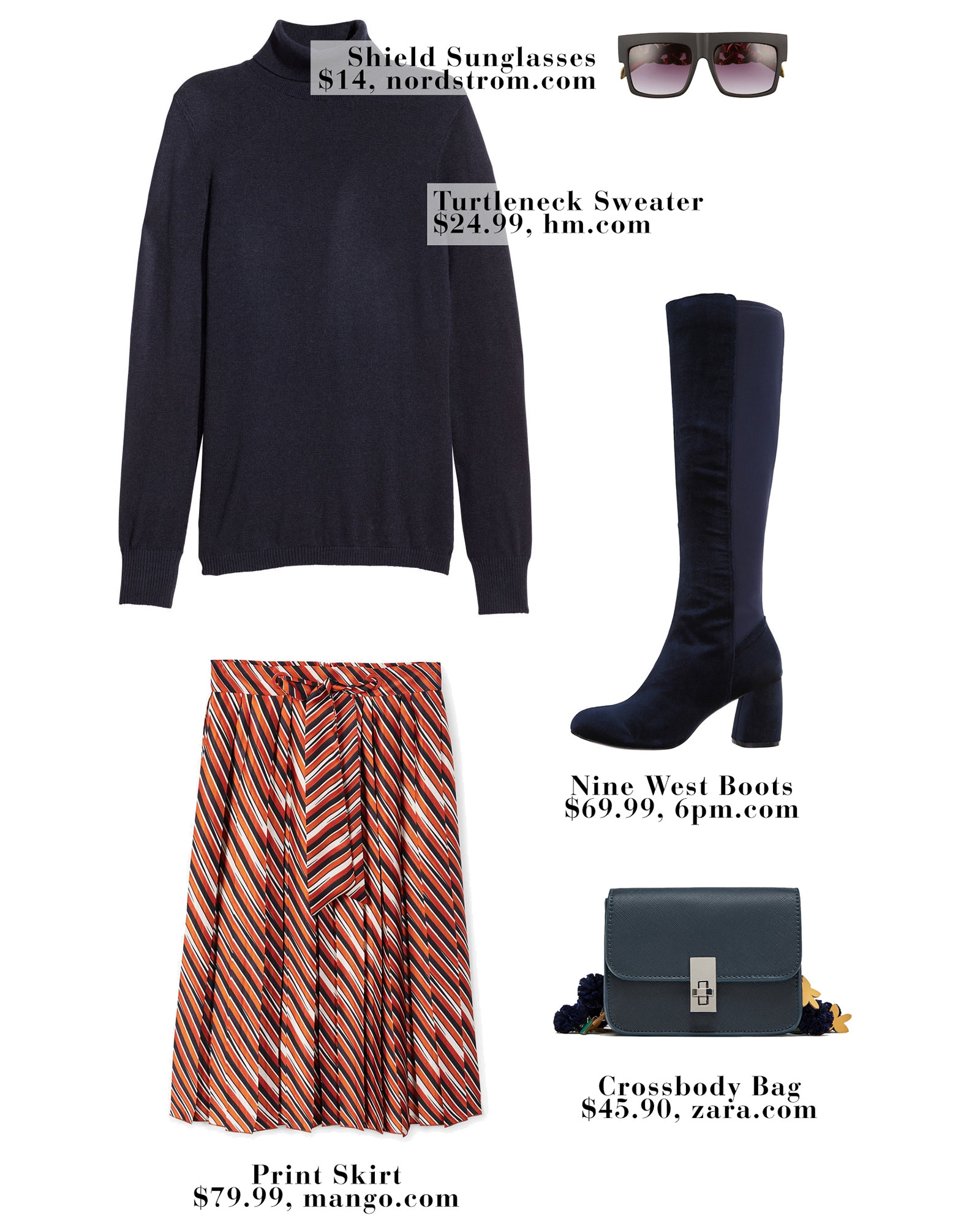 Victoria Beckham's print midi skirt and navy turtleneck look for less