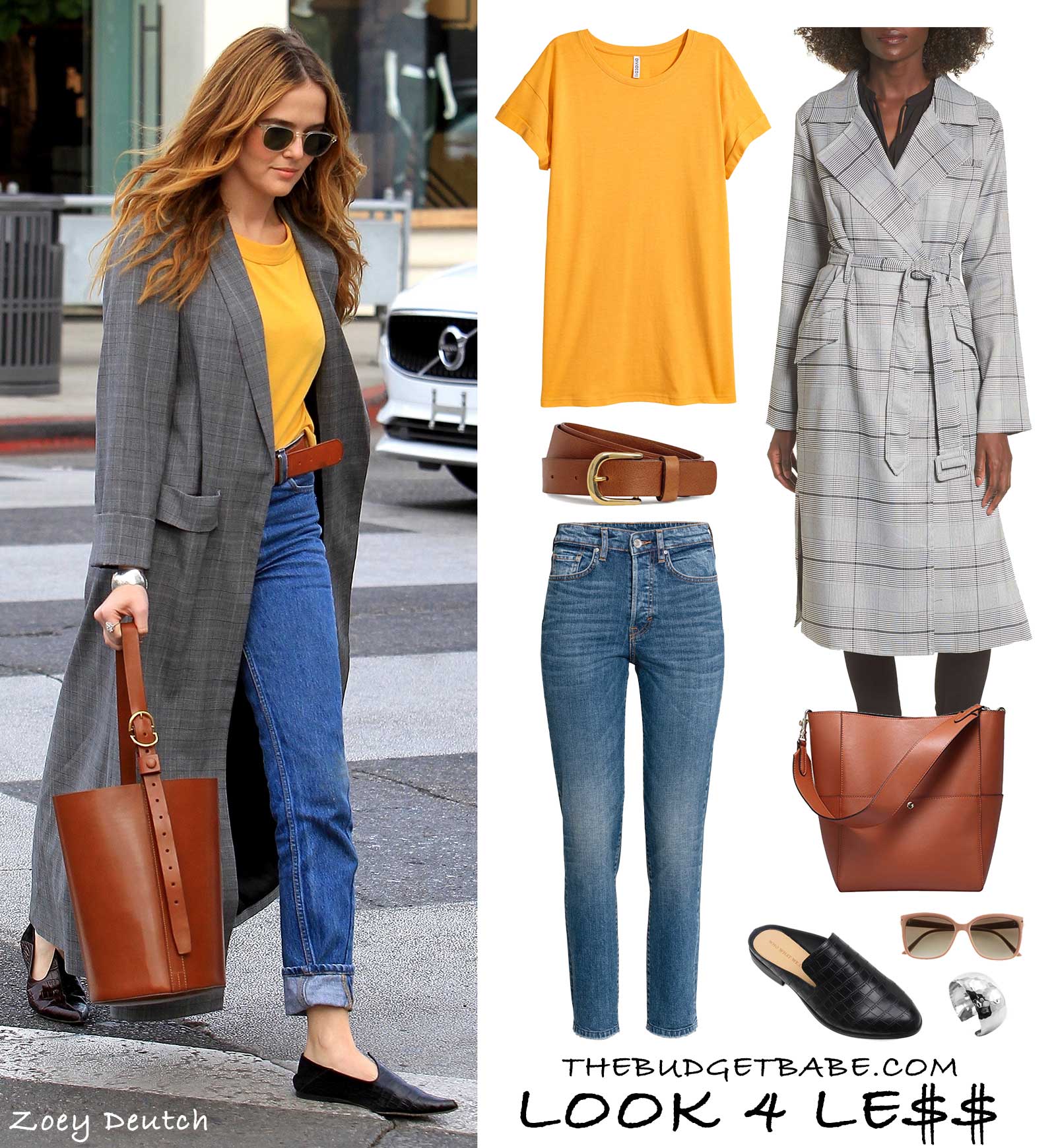 Zoey Deutch steps out in a mustard yellow tee with blue jeans, smoking flats and a longline plaid duster coat.