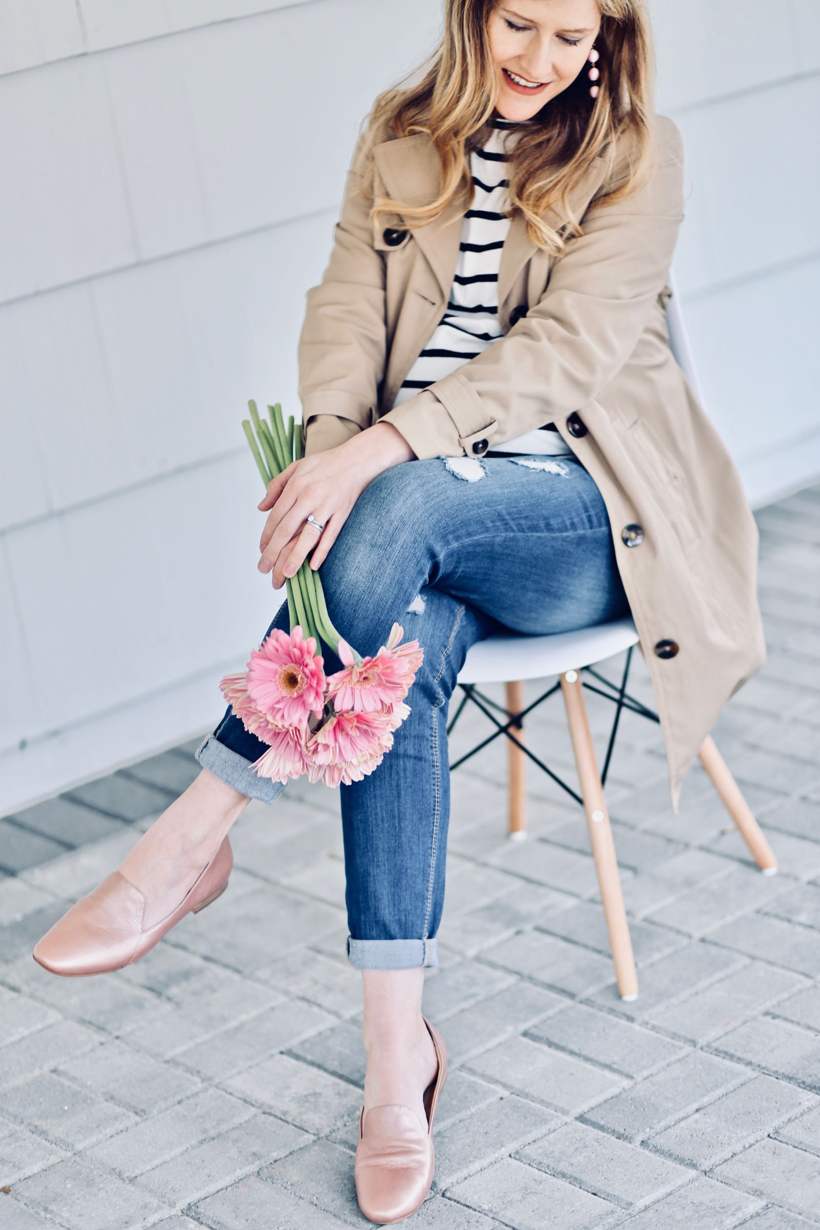 Stripe top, tan trench, blush pink loafers, distressed jeans outfit idea #momstyle #maternitystyle #ad