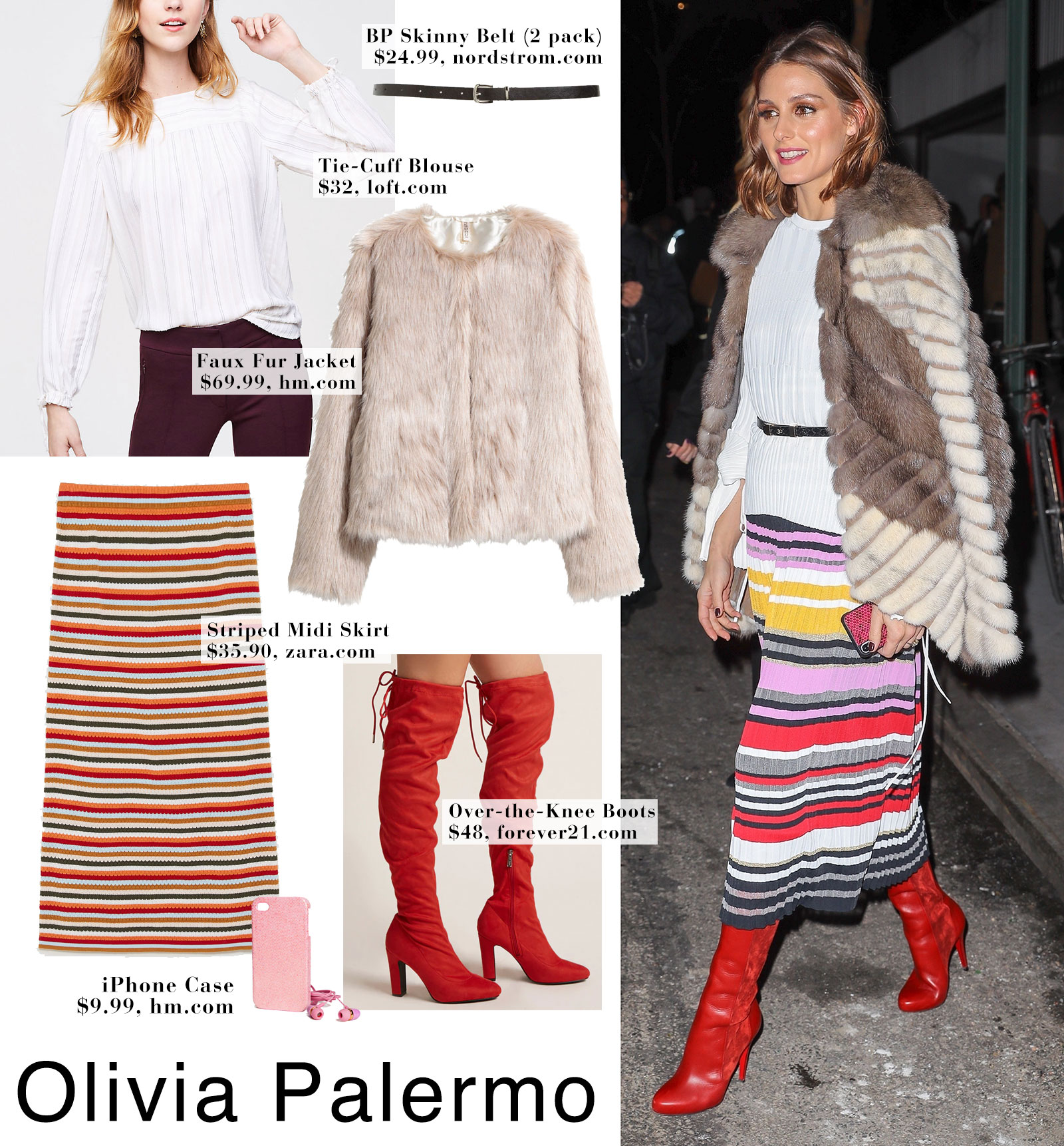 Olivia Palermo attends the Carolina Herrera show at NYFW in a striped midi skirt, tall red boots and fur cape.