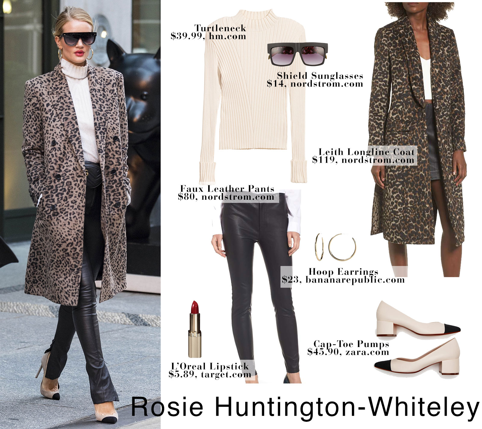 Rosie Huntington-Whiteley wears a leopard coat with leather pants and cap-toe pumps