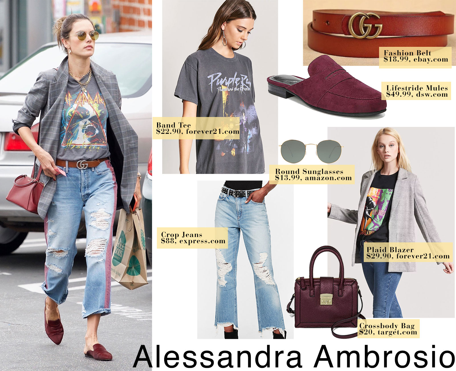 Alessandra Ambrosio's plaid blazer, band tee, Mother jeans, mules and Gucci belt look for less