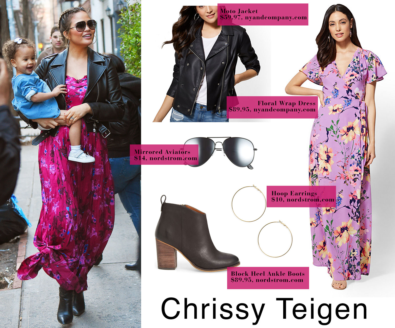 Chrissy Teigen's pregnancy style featuring floral maxi dress and black leather moto jacket