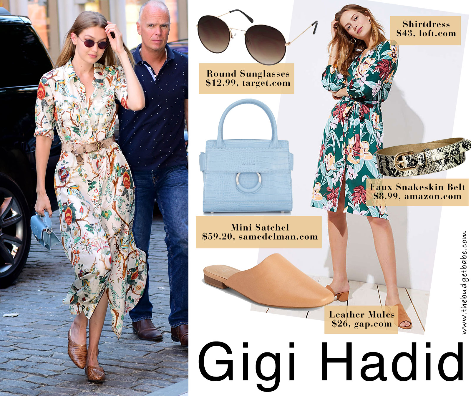Gigi Hadid floral shirtdress and mules look for less