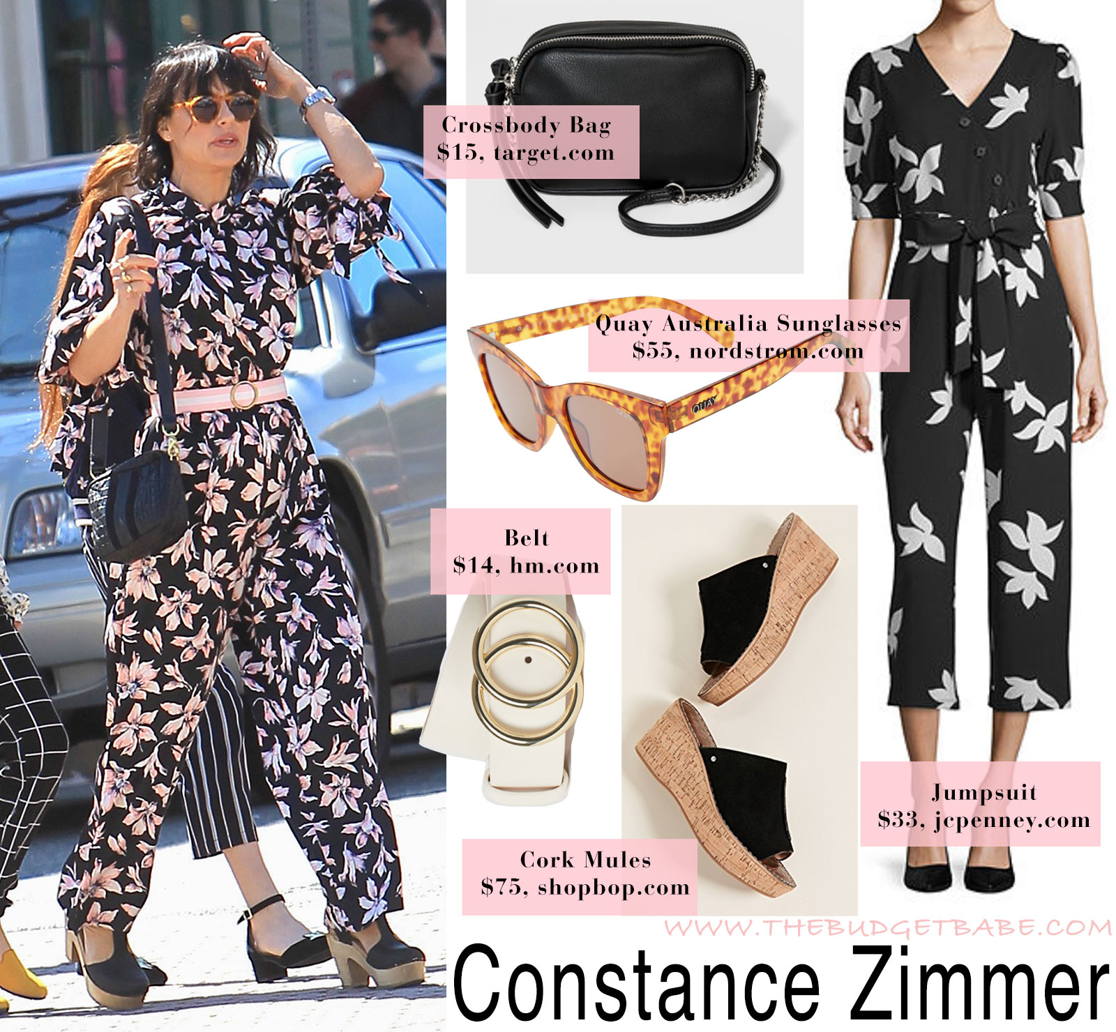 Constance Zimmer's floral jumpsuit and clogs look for less