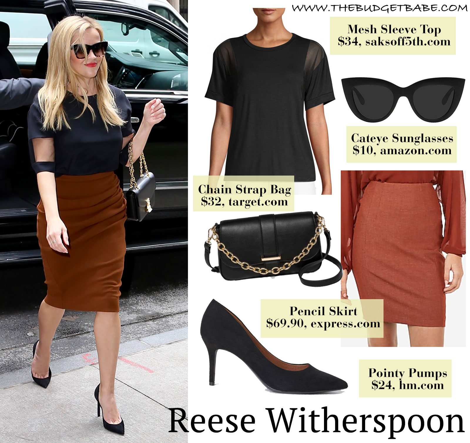 Reese Witherspoon's orange skirt and black top with mesh panels