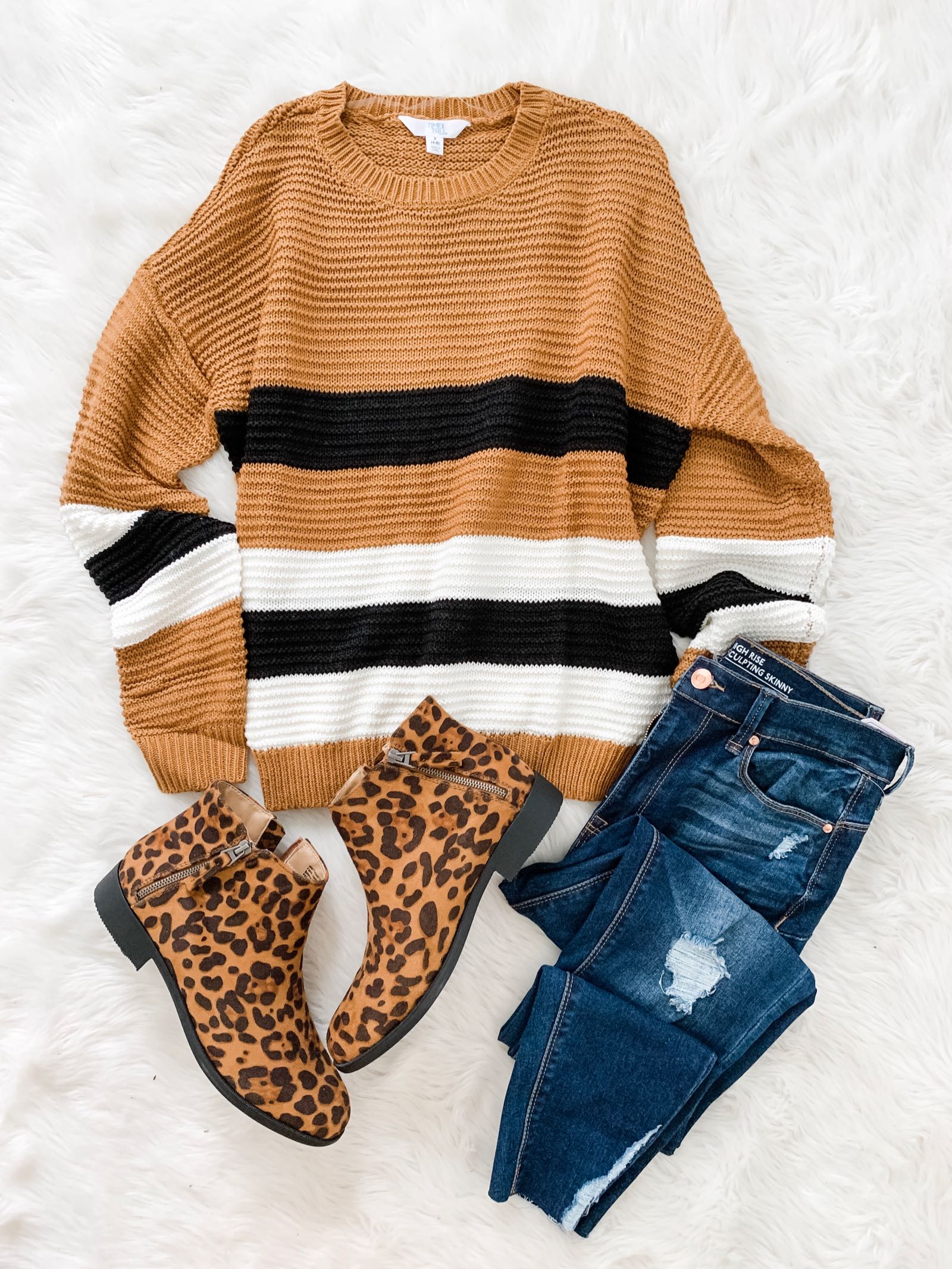 Fall outfit idea with stripe sweater and leopard booties