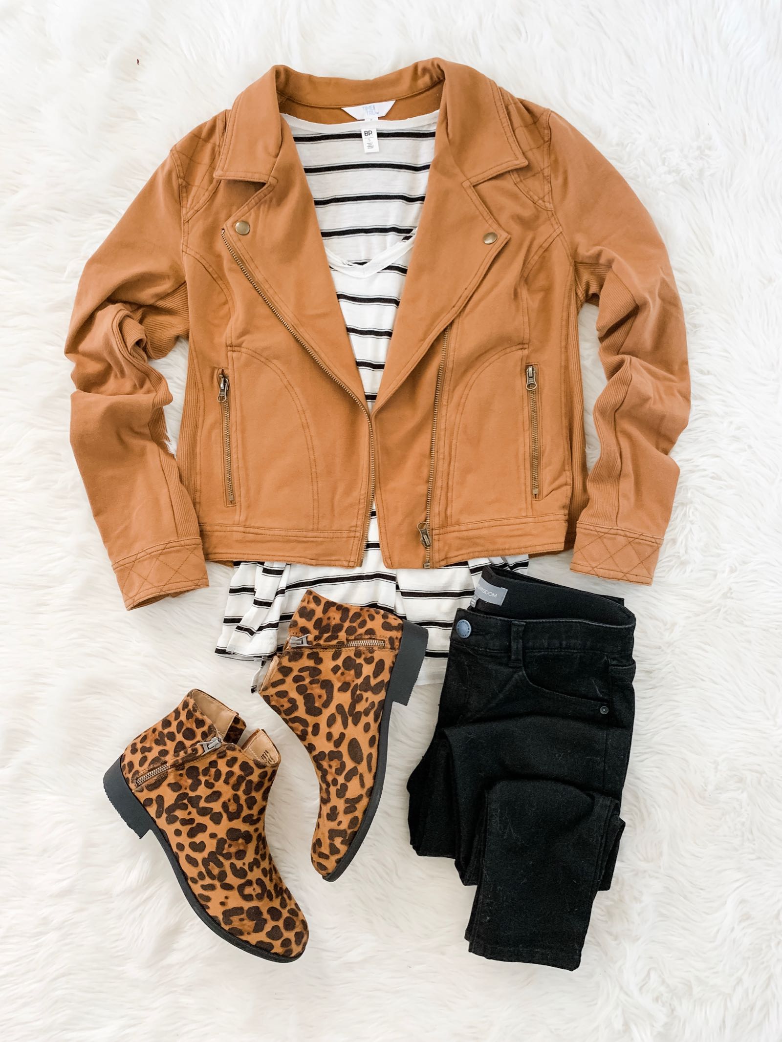 Moto jacket outfit idea for fall featuring camel jacket, striped top and leopard print booties