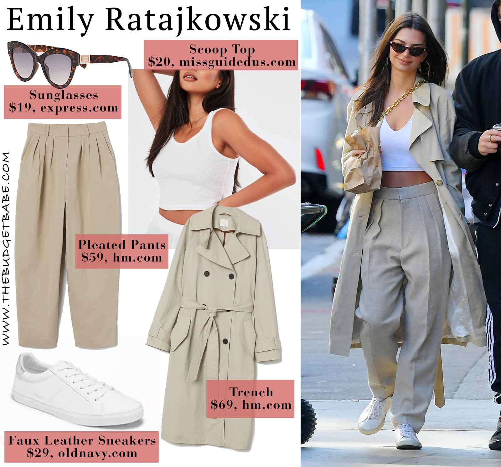 Emily Ratajkowski's pleated pants and trench coat look for less