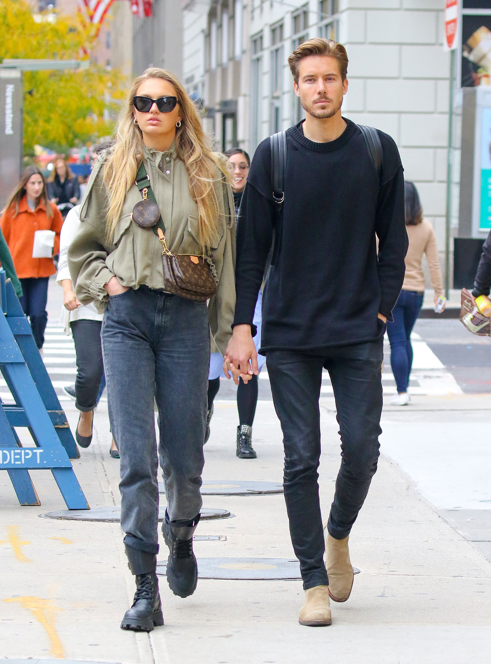 Romee Strijd's olive jacket, mom jeans and combat boots look for less