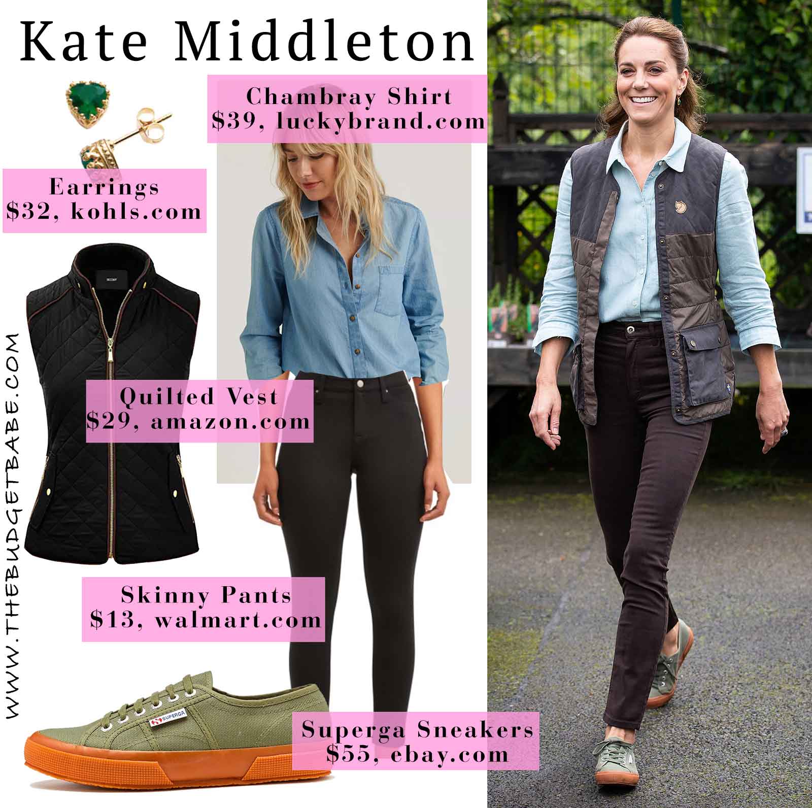 Kate Middleton's Quilted vest, Chambray shirt and superga sneakers look for less