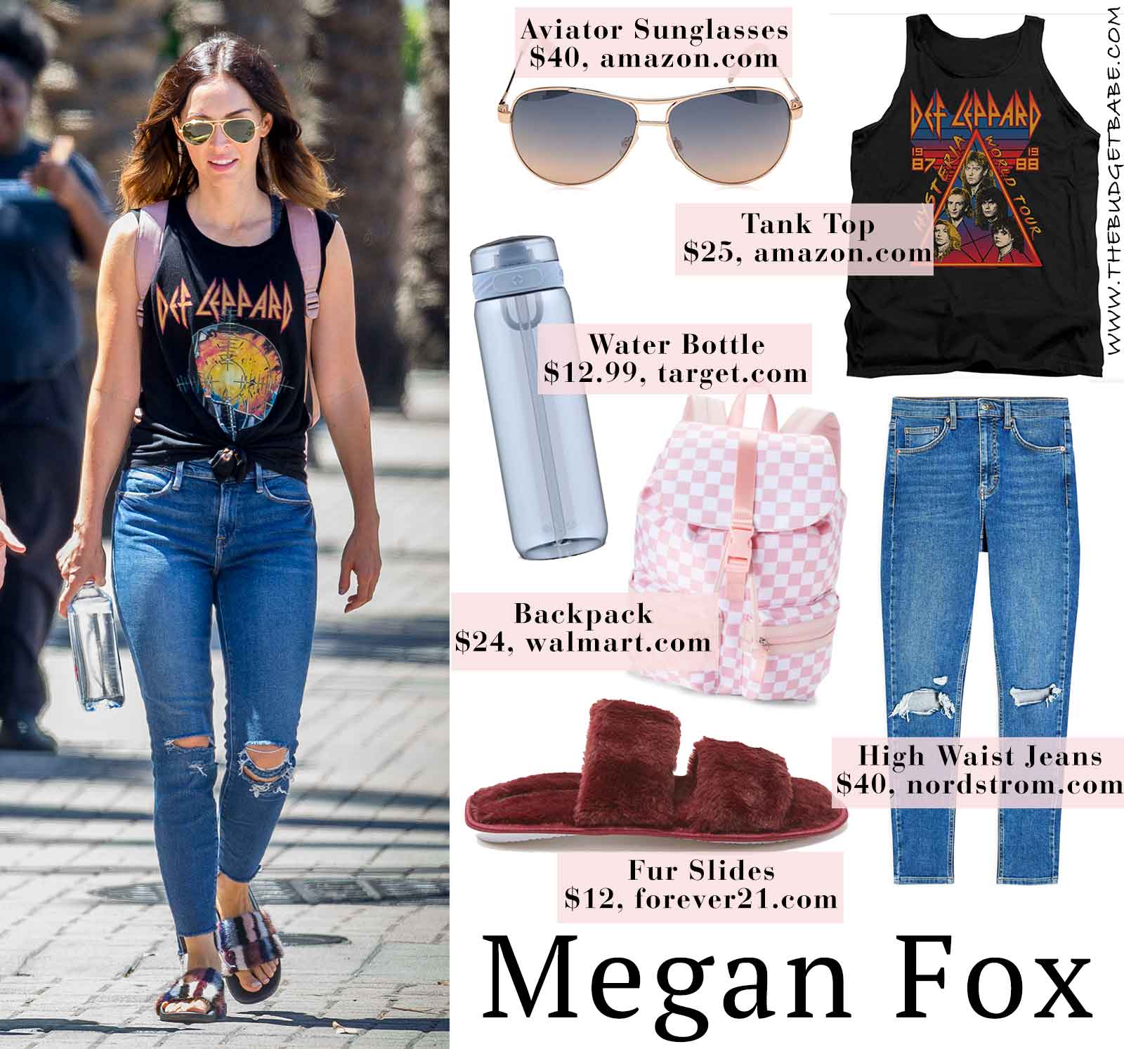 Megan Fox band tee and fuzzy slides look for less