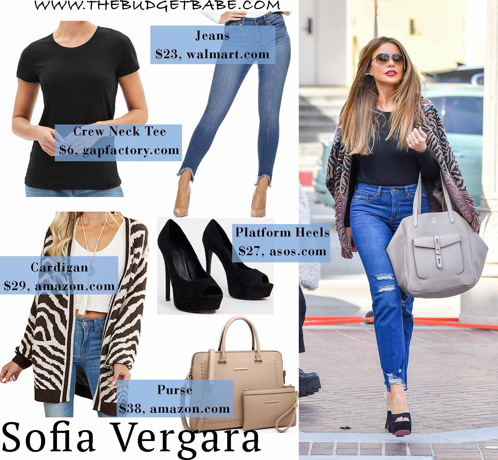 Sofia is chic in a cardigan and jeans.