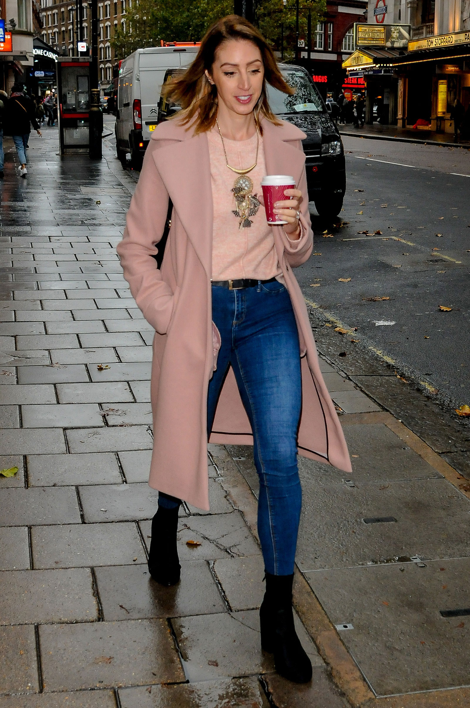 Rezzy Ghadjar pink coat and sweater with black accents look for less London style