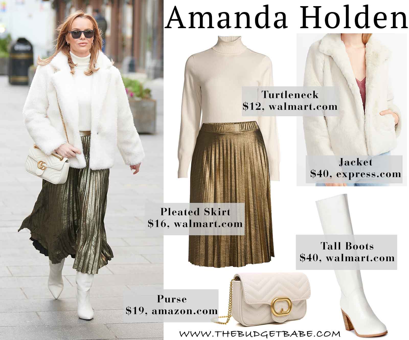 Amanda Holden's Gold Pleated Skirt and White Fur Jacket Look for Less | Holiday Outfit Idea