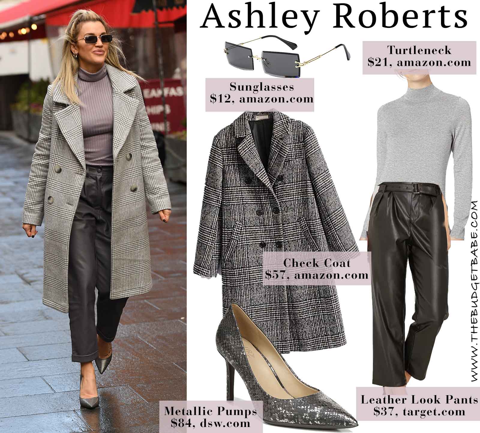Ashley Roberts gray check coat, leather pants and gray turtleneck look for less