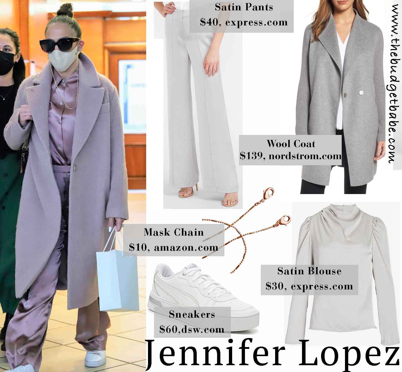 The Look for Less: Jennifer Lopez's Satin Blouse, Wide Leg Pants, and Overcoat