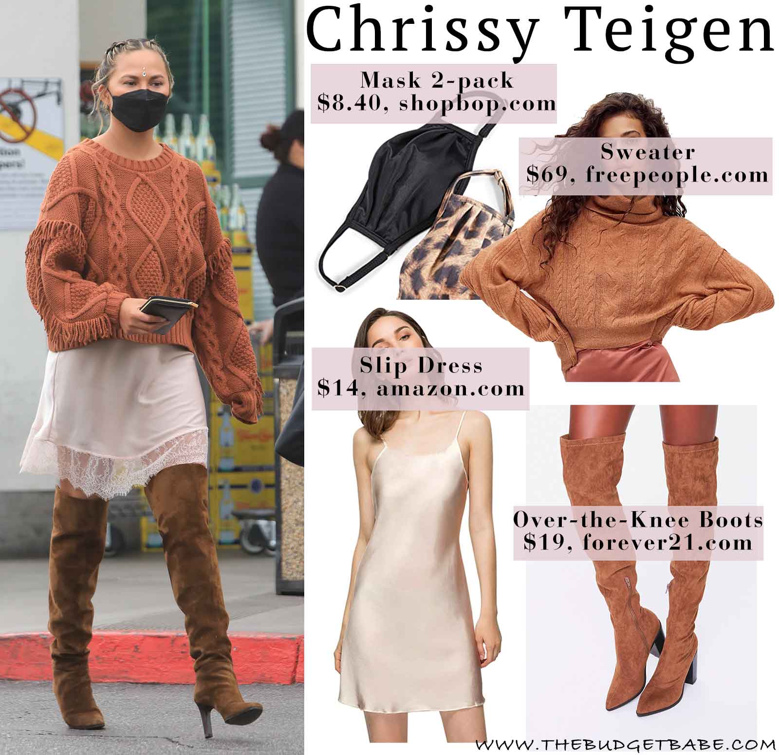 Chrissy Teigen's slip dress and over the knee boots look for less