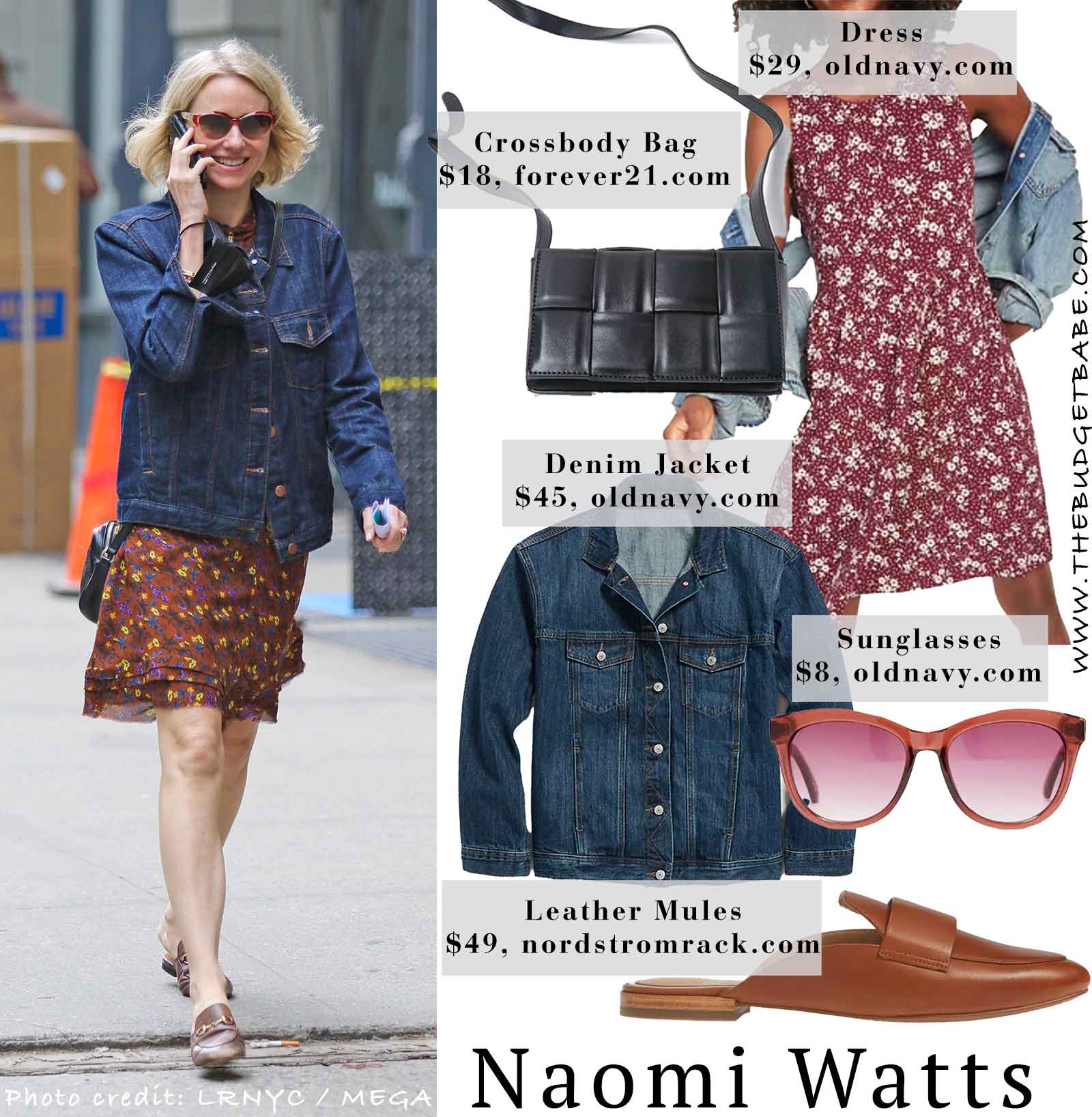 Naomi Watts is stylish in Soho wearing a floral dress, oversized denim jacket and brown leather horsebit mules.