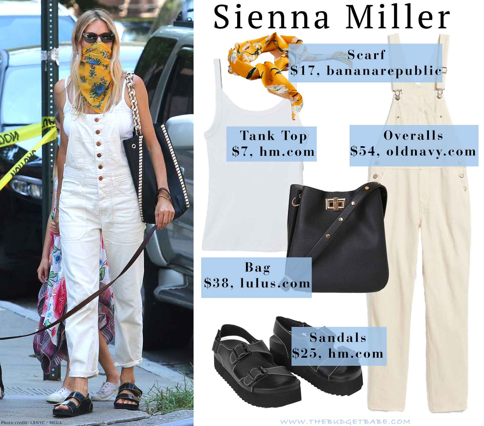 Sienna Miller's overalls and black sandals look for less | The Budget Babe fashion blog