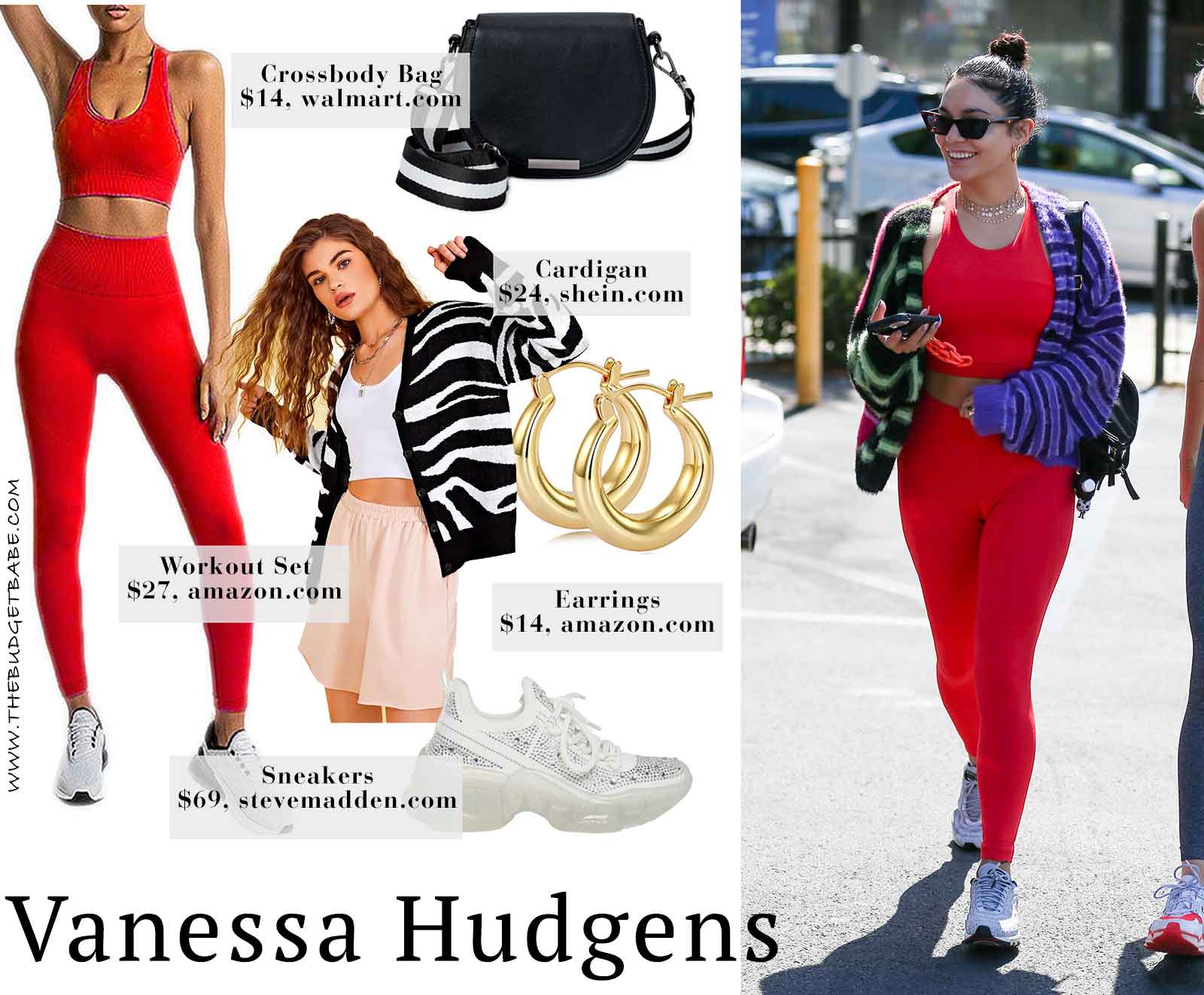 Vanessa Hudgens' red sports bra tank top and legging look for less