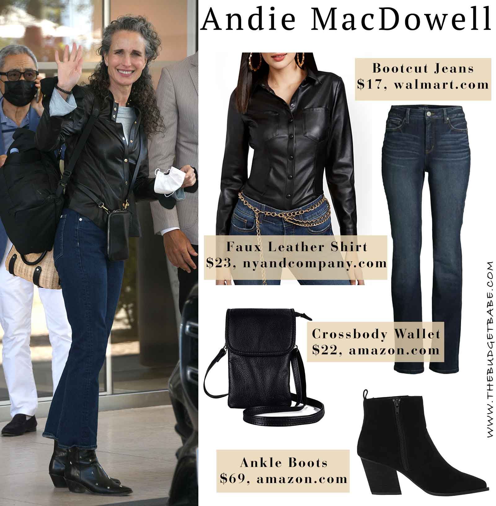 Andie MacDowell's chic airport style featuring leather shirt, bootcut jeans and ankle boots.