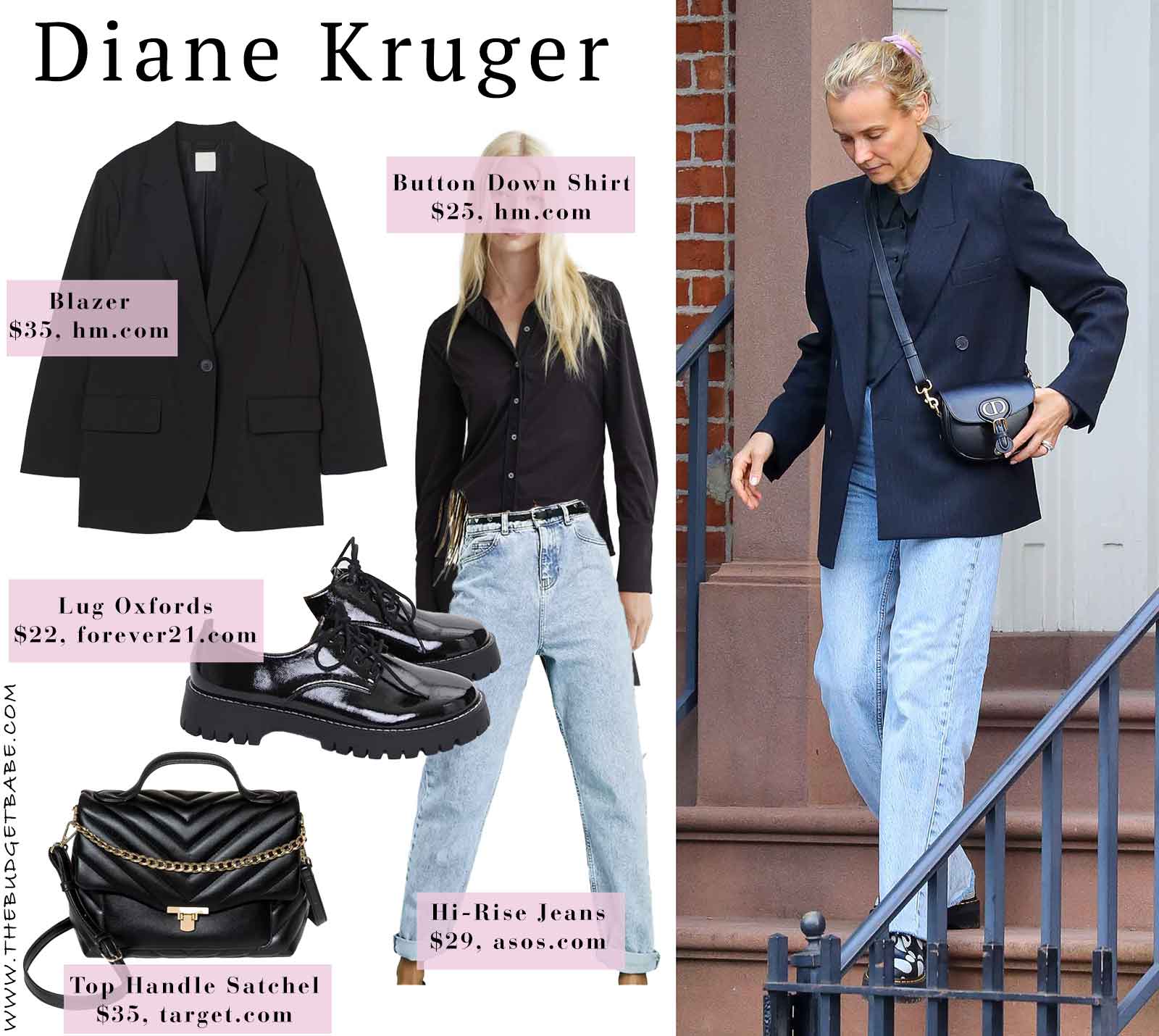 Diane Kruger's black blazer, mom jeans and lug sole Oxfords look for less