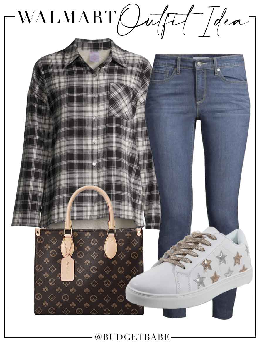 Walmart Outfit Idea featuring plaid flannel shirt and star sneakers