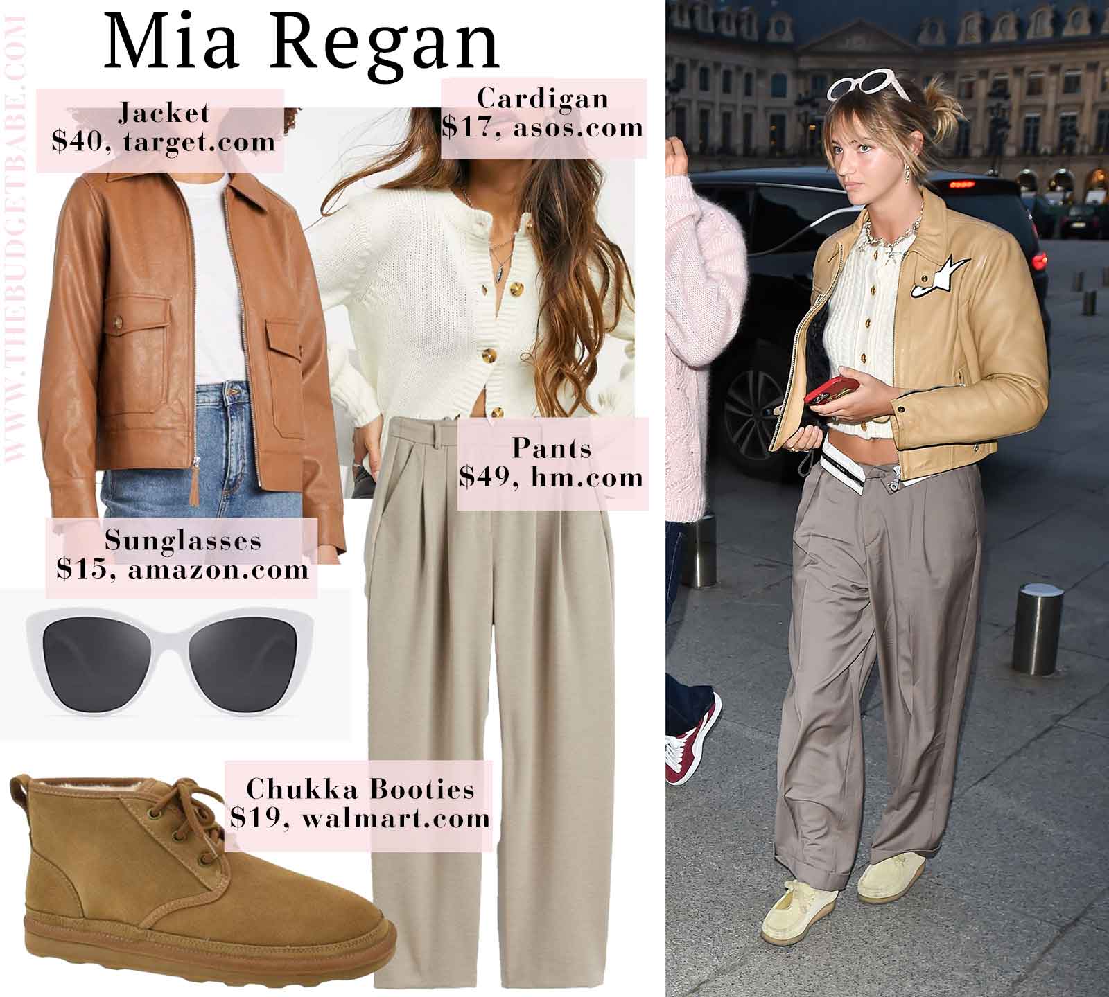 Mia Regan's wide leg pants and leather jacket look