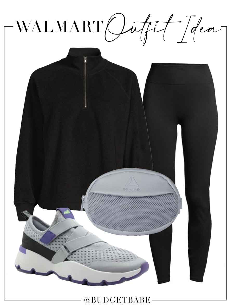 Walmart athleisure outfit featuring quarter zip pullover, leggings and chunky sneakers